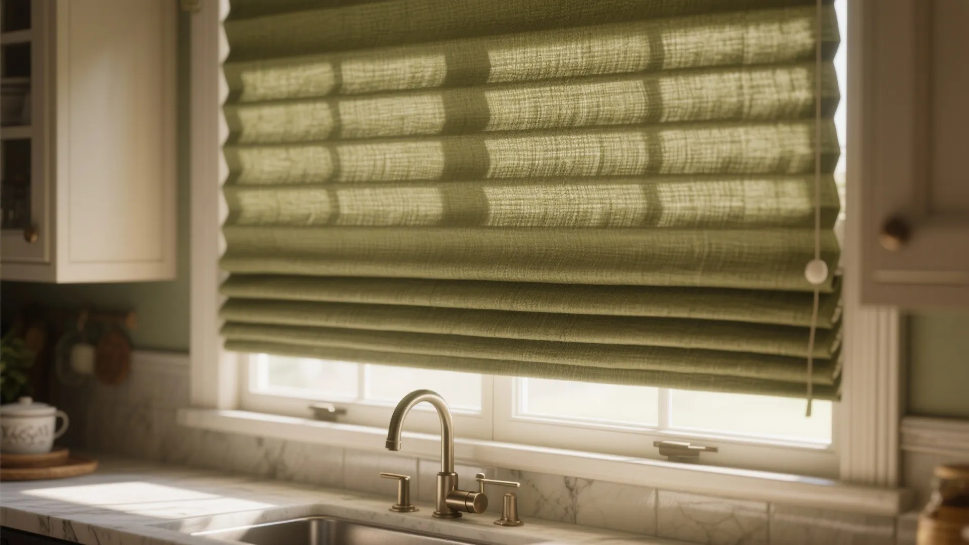 Close up view of green window curtain above a white kitchen sink with silver faucet