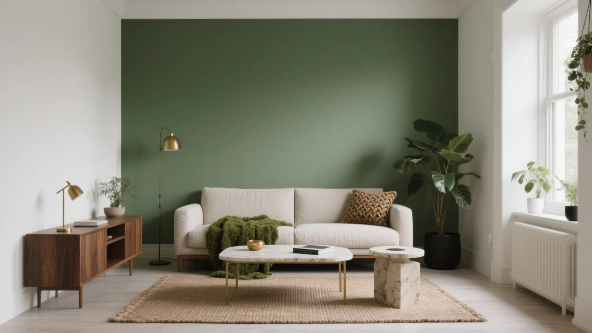 Modern living room with green wall white sofa marble coffee table wooden cabinet and floor lamp
