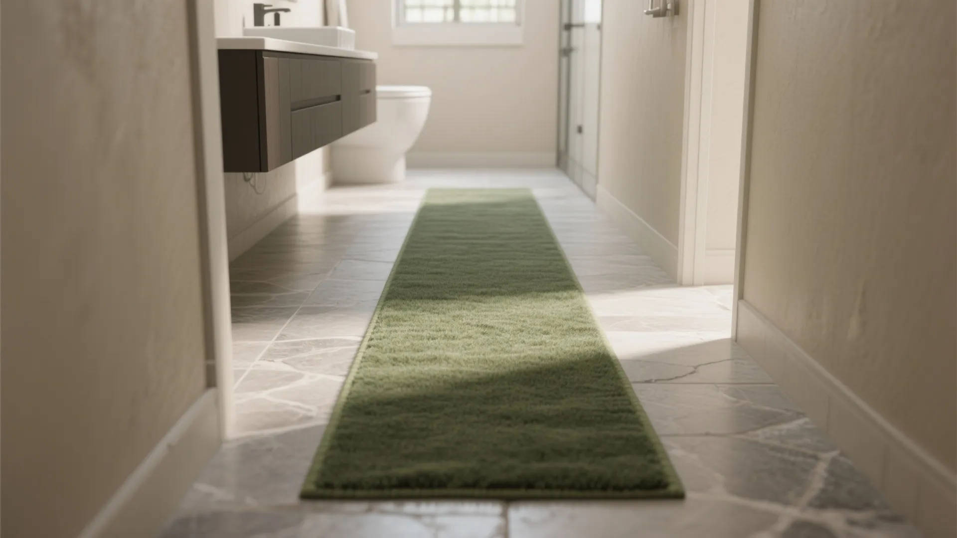 Slim olive runner on stone tiles elongating a narrow bathroom