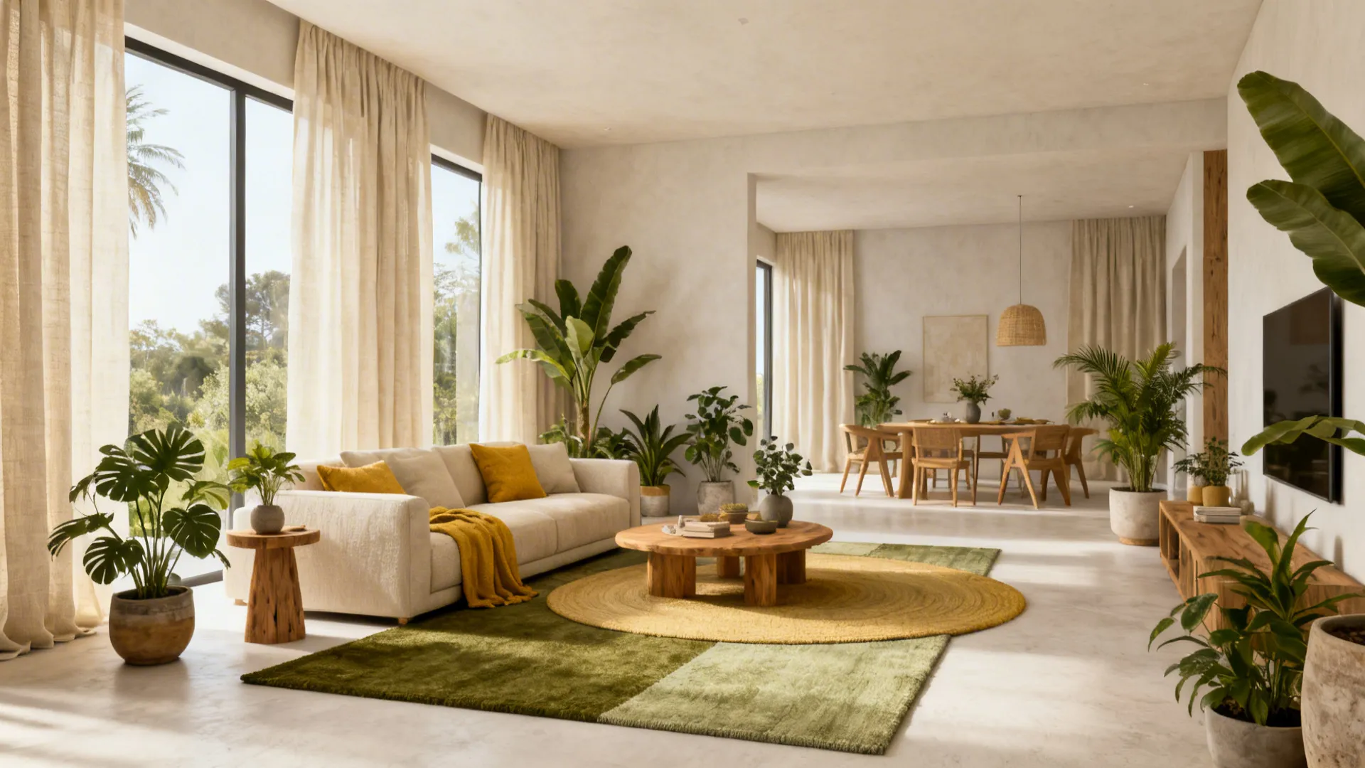 Open living space with olive and sage layered rugs, linen curtains, and plants