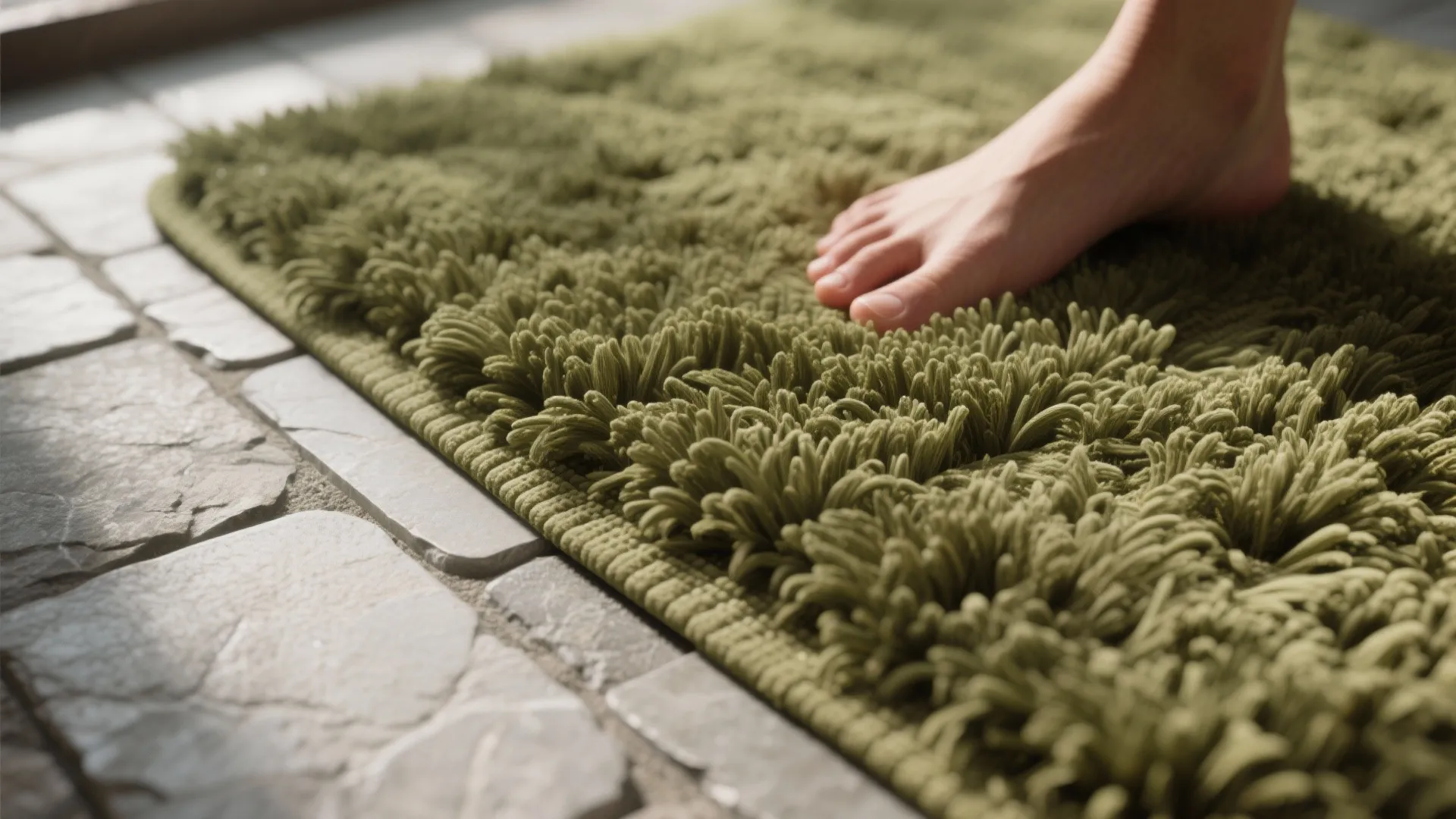 Close-up of an olive shag mat layered over stone tiles with visible pile texture