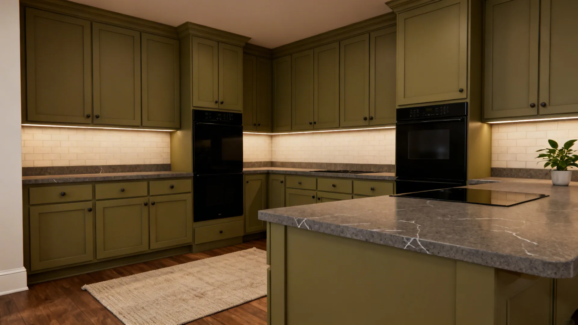 Olive green kitchen with shaker cabinets grey stone countertops white tiles and warm cabinet lighting