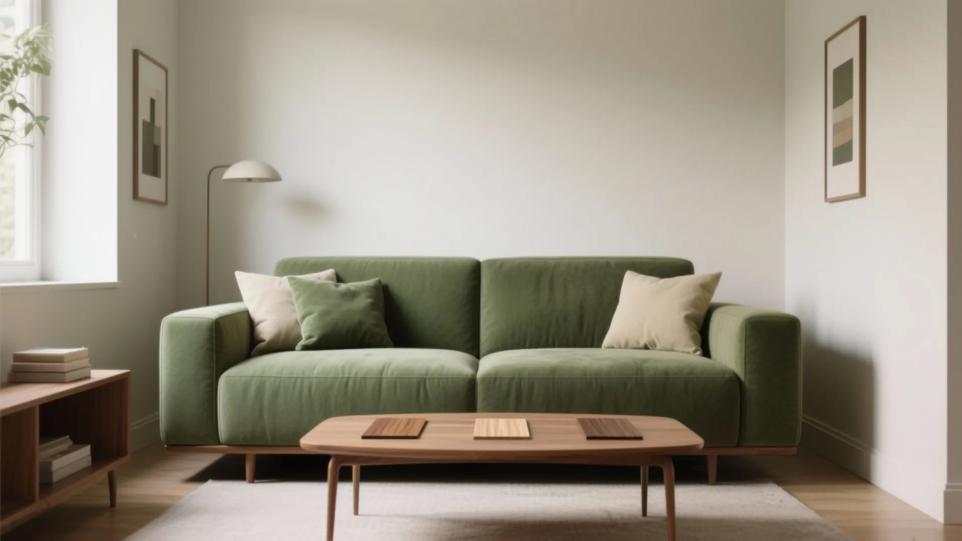 1. Olive Accent Sofa with Neutral Surrounds