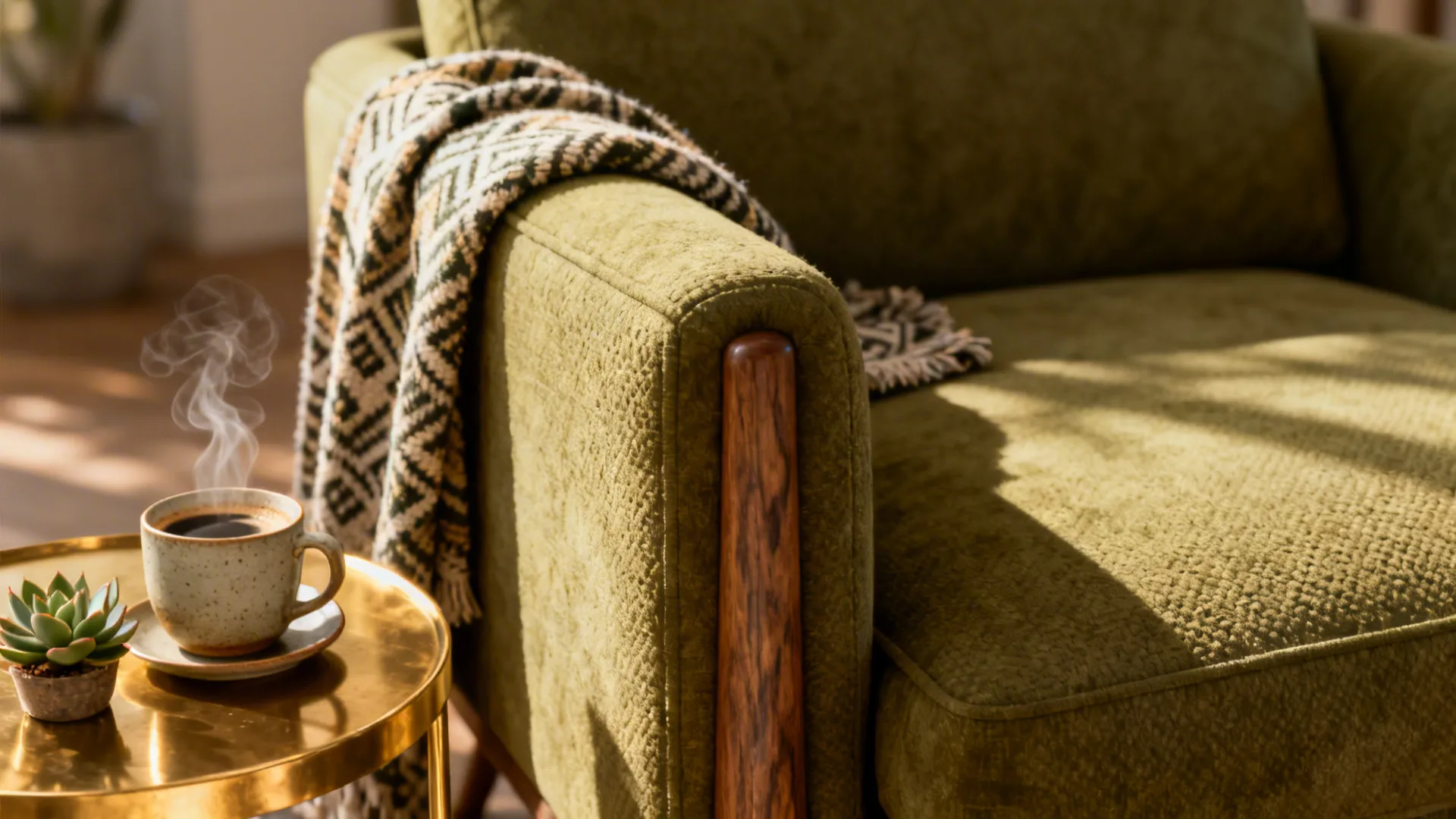 Close-up of an olive chair with textured fabric, patterned throw and brass side table