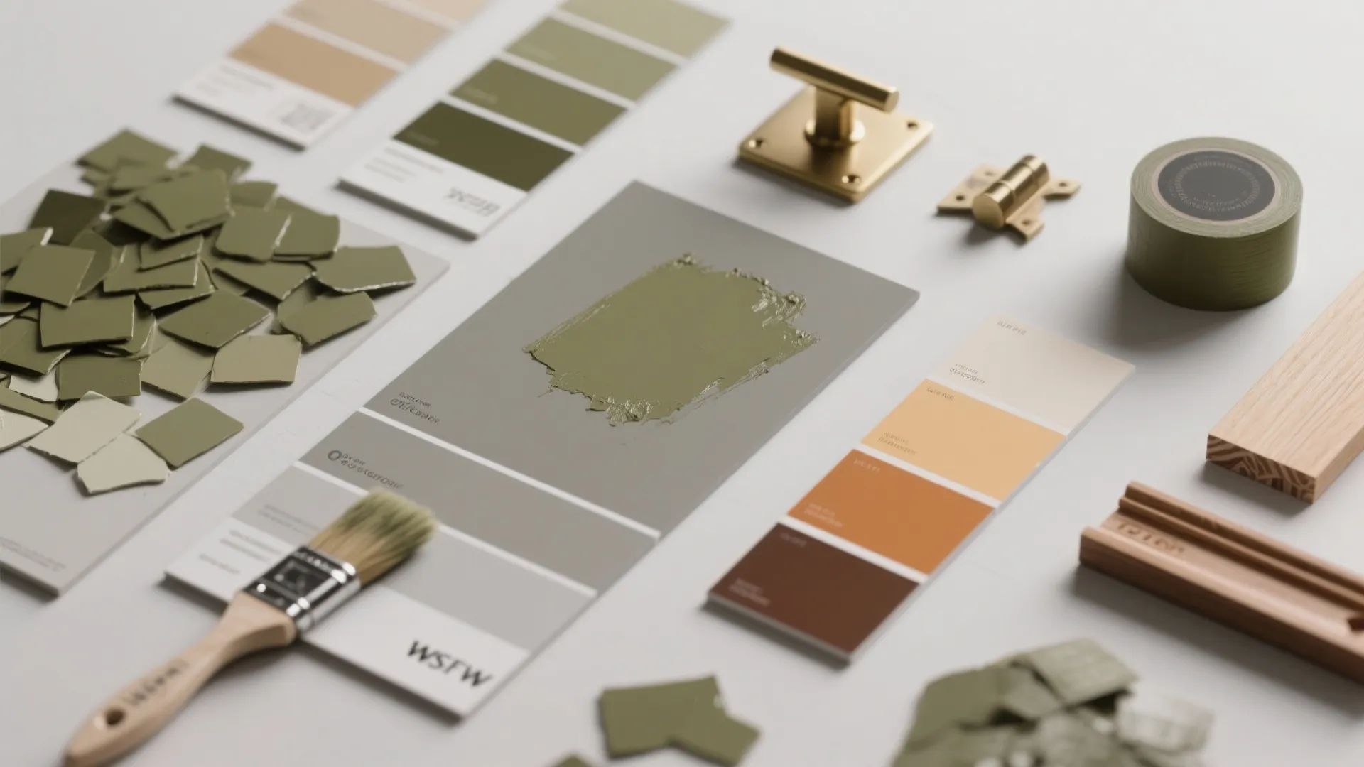 Interior design mood board with green paint swatches gold hardware paint brush and wood samples