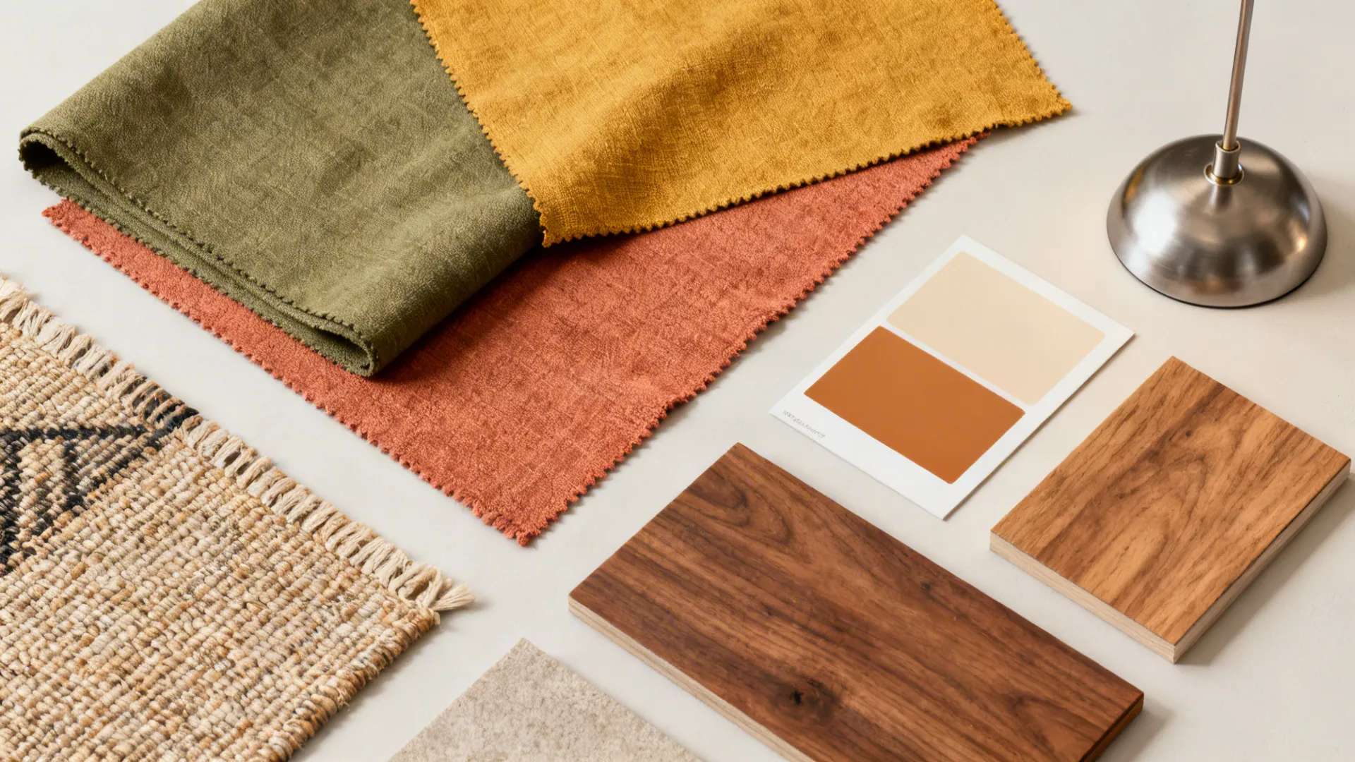 Top-down flatlay of fabric and material swatches for styling olive chairs