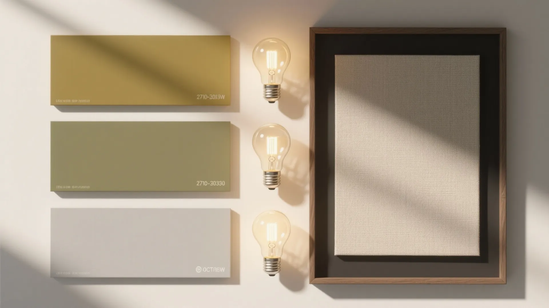 Interior design mood board with green color paint swatches light bulbs and empty wooden frame