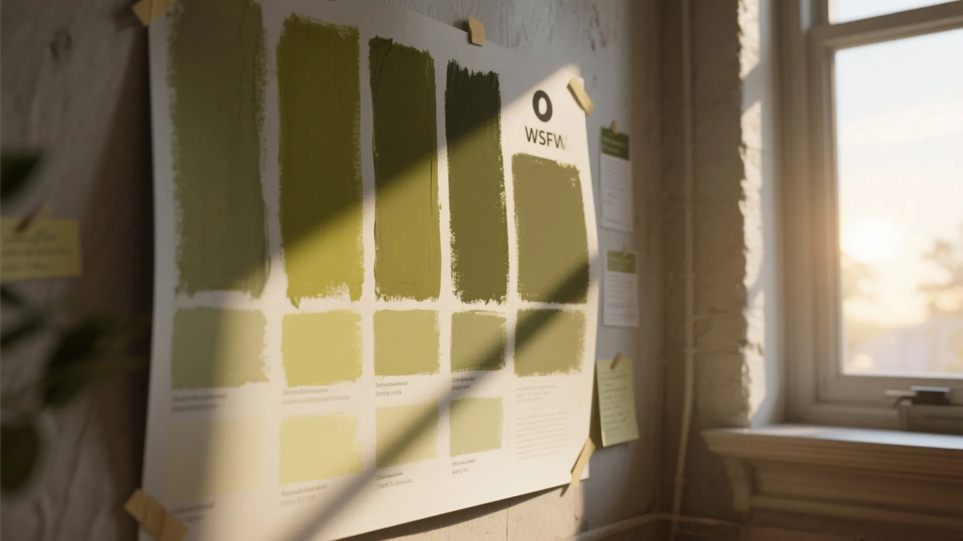Close-up of large poster-board olive paint swatches taped to a wall showing how shades shift with daylight and indoor light.