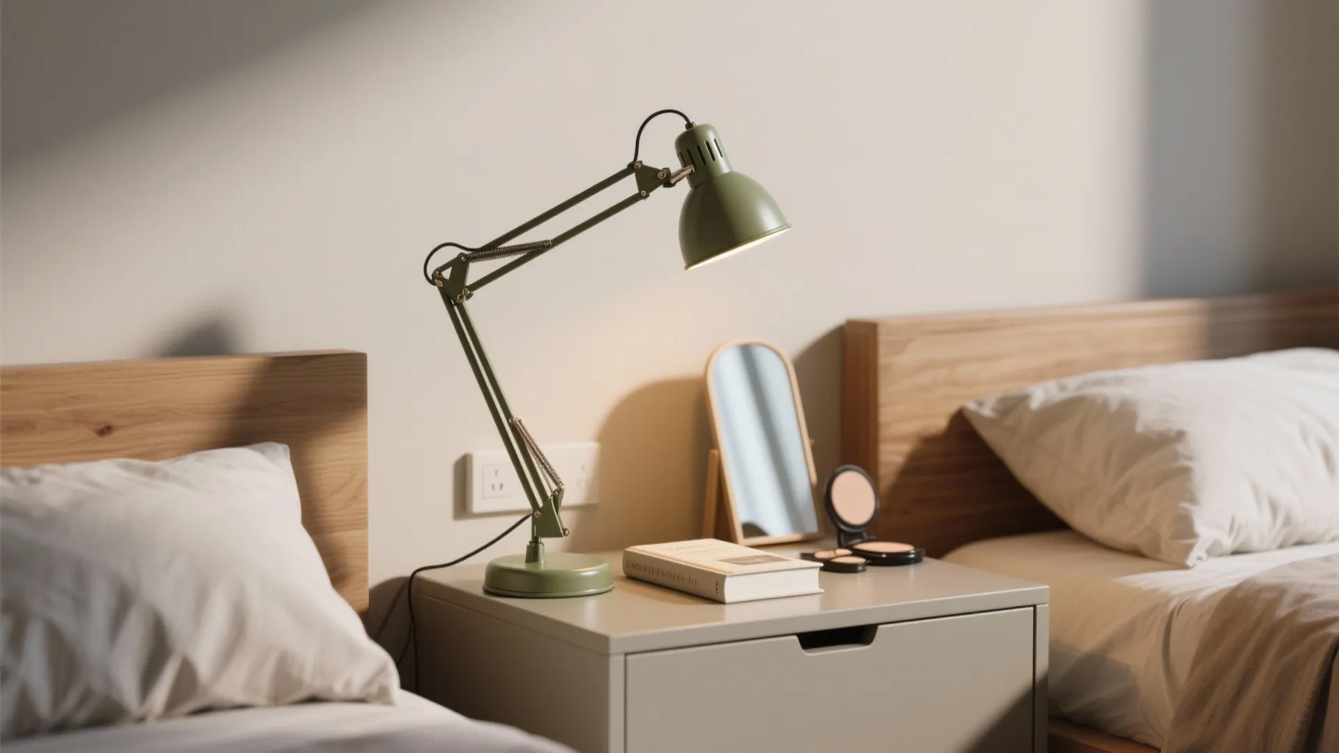 Green desk lamp on a bedside table with a book mirror and makeup in a bedroom