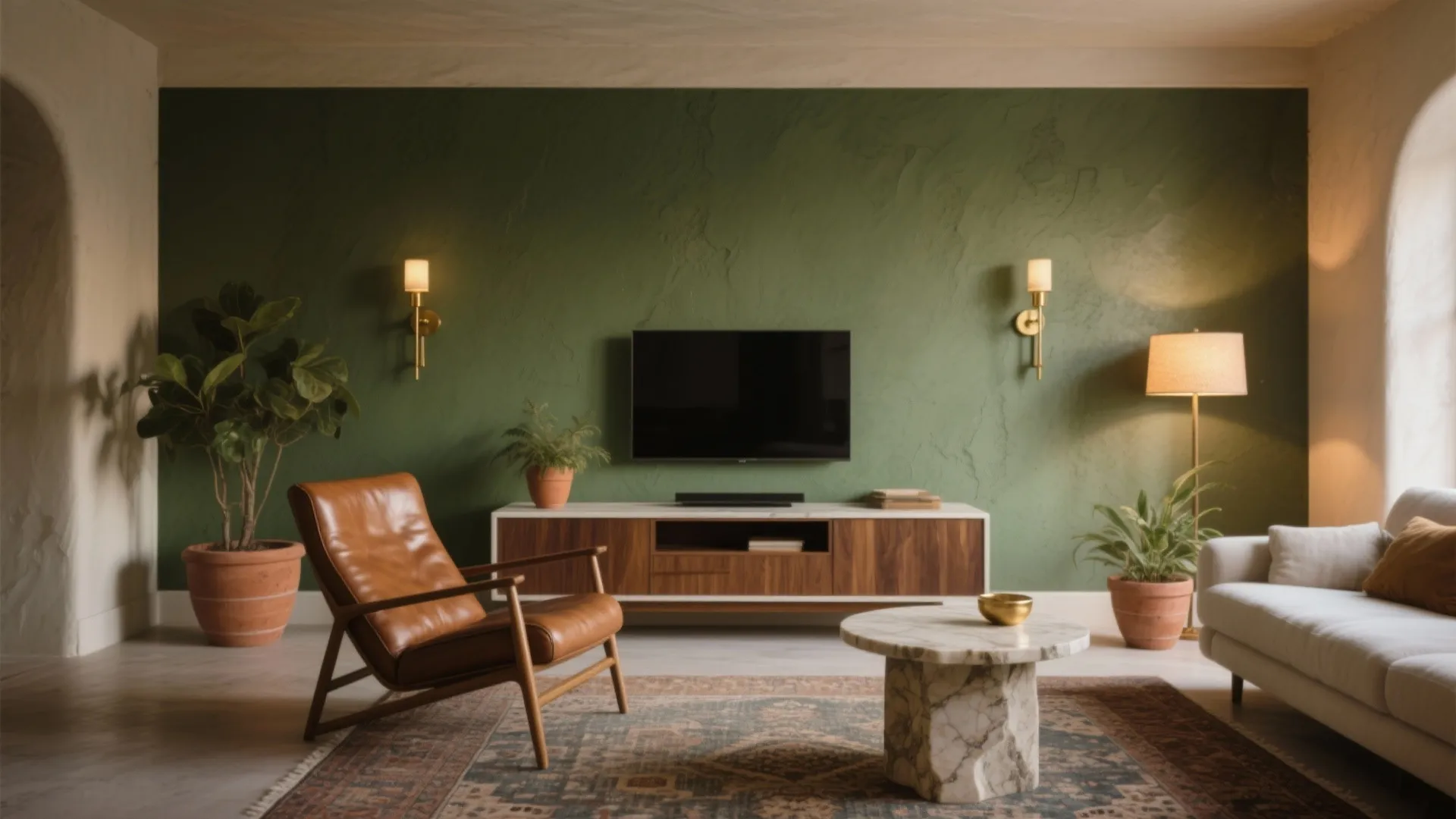Modern living room with olive green wall leather chair wooden cabinet marble table and indoor plants