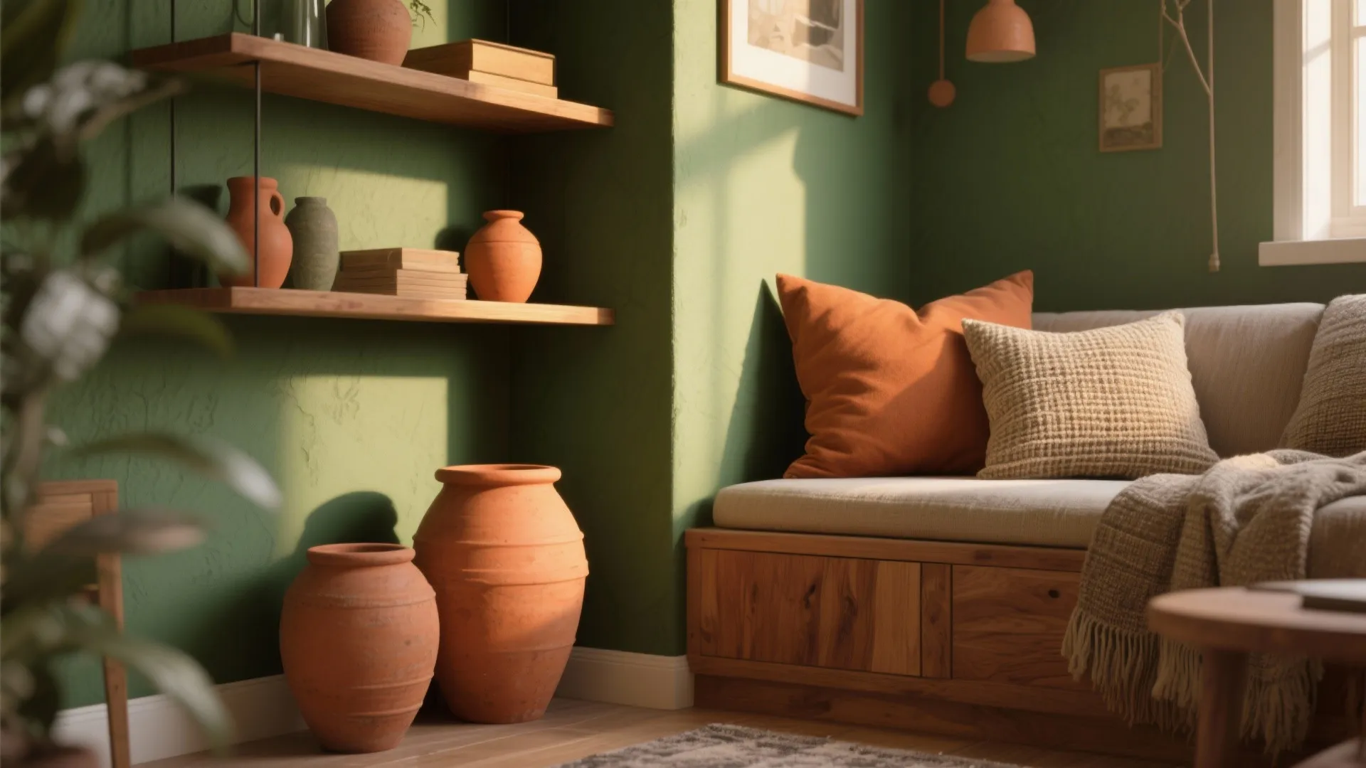 Cozy apartment corner with olive green walls and terracotta accents, warm wood shelving, and textured textiles in golden hour light.