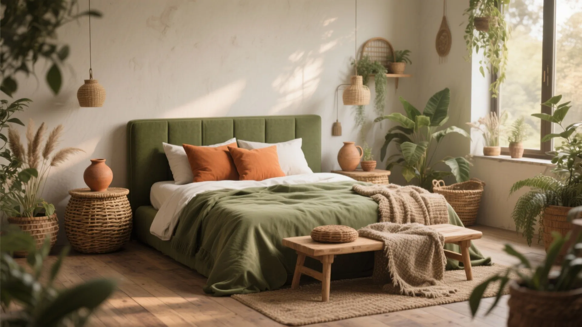 Natural bedroom with olive green bedding terracotta pillows wooden bench woven baskets and many green plants