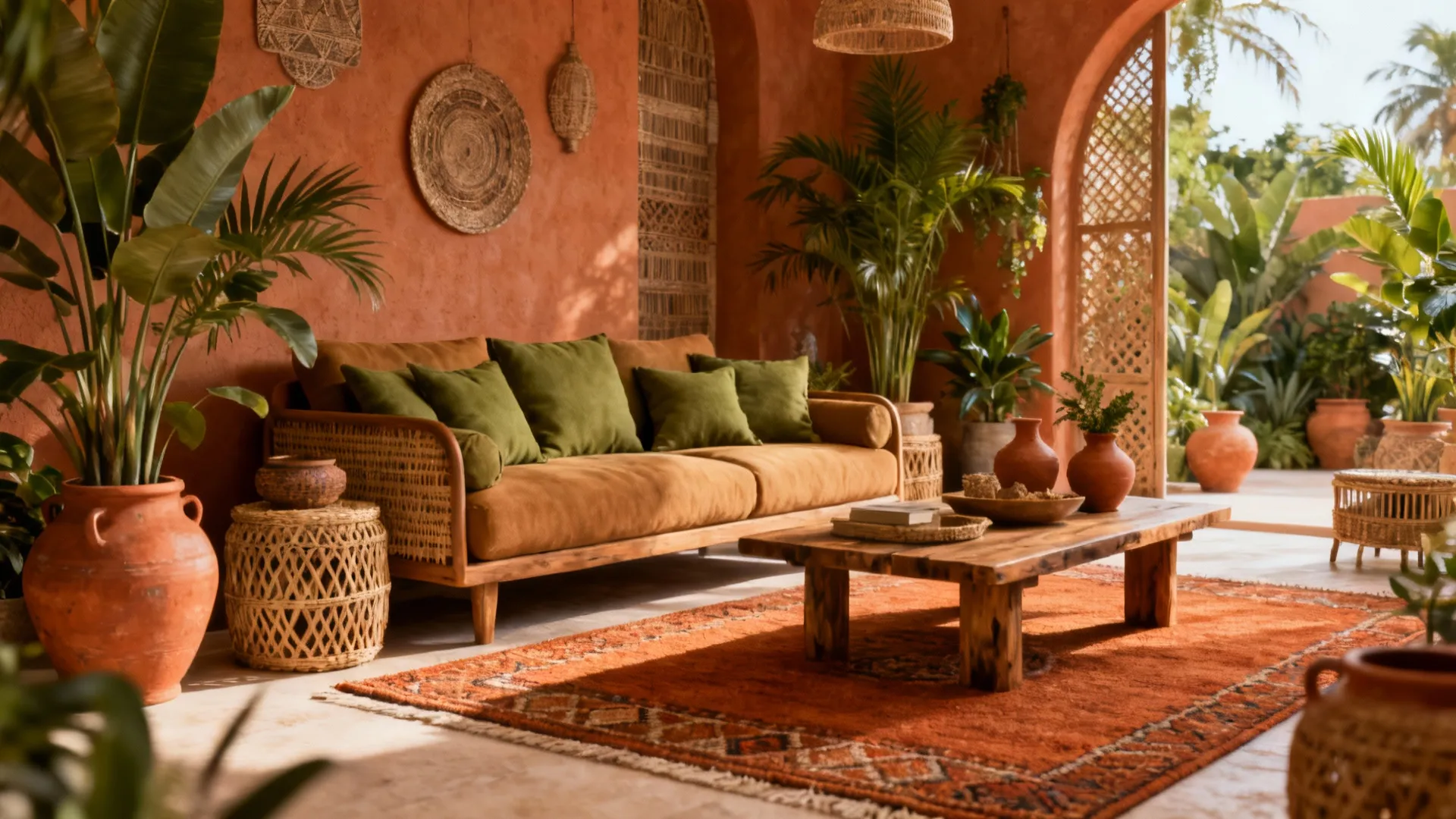Tan sofa styled with olive green cushions, terracotta accents and plants