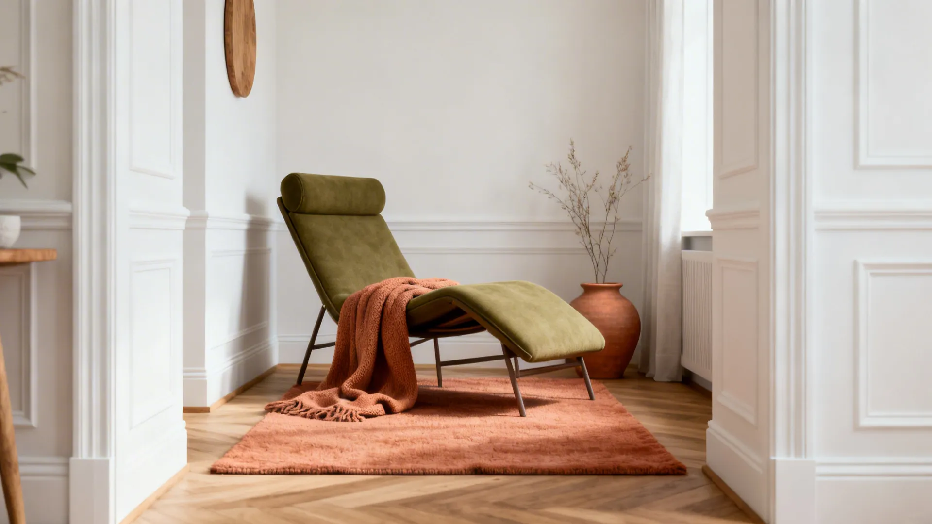 Small living room with muted olive seating and soft terracotta rug and accessories.