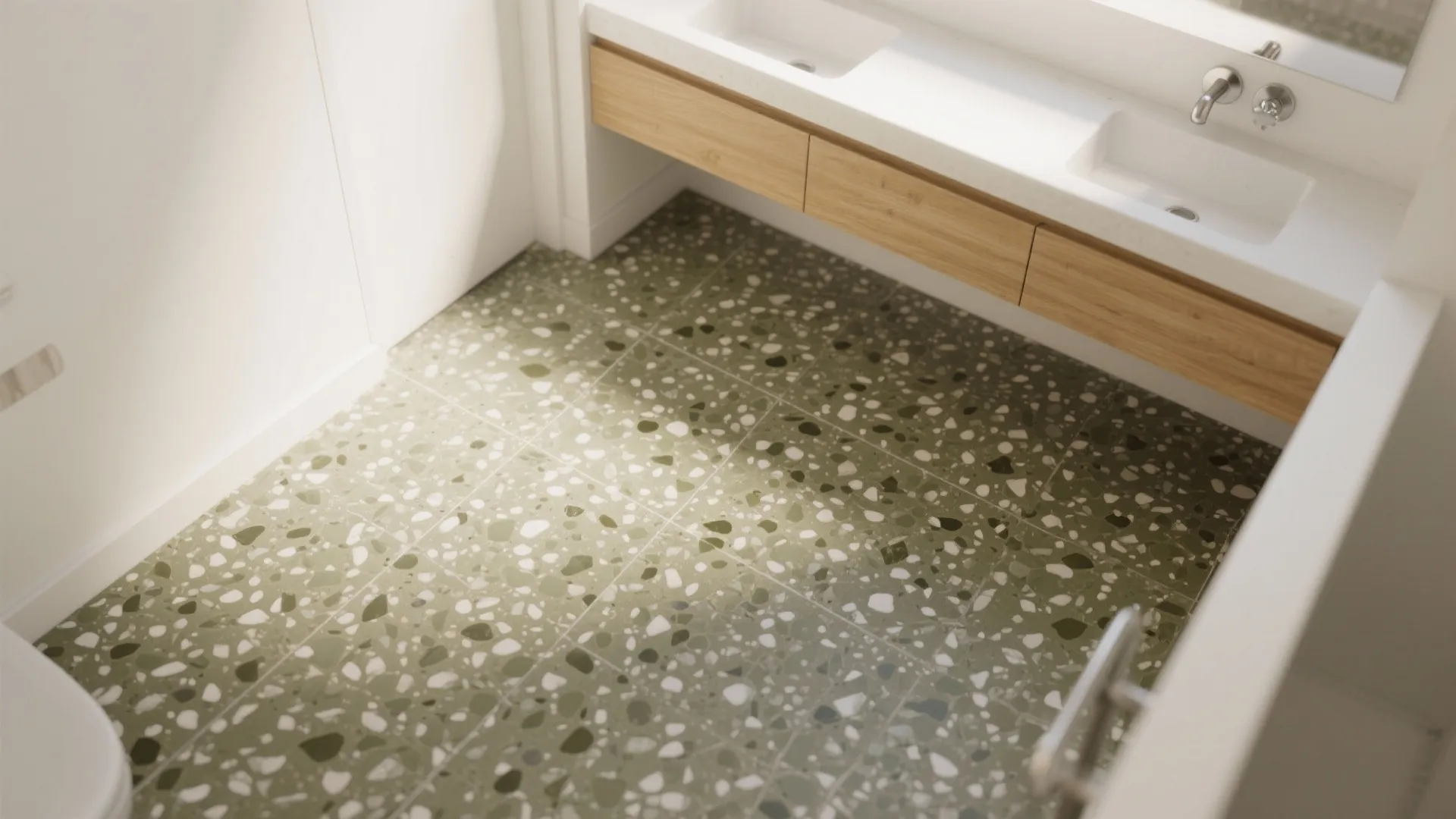 Olive Terrazzo Floors with Crisp White Walls