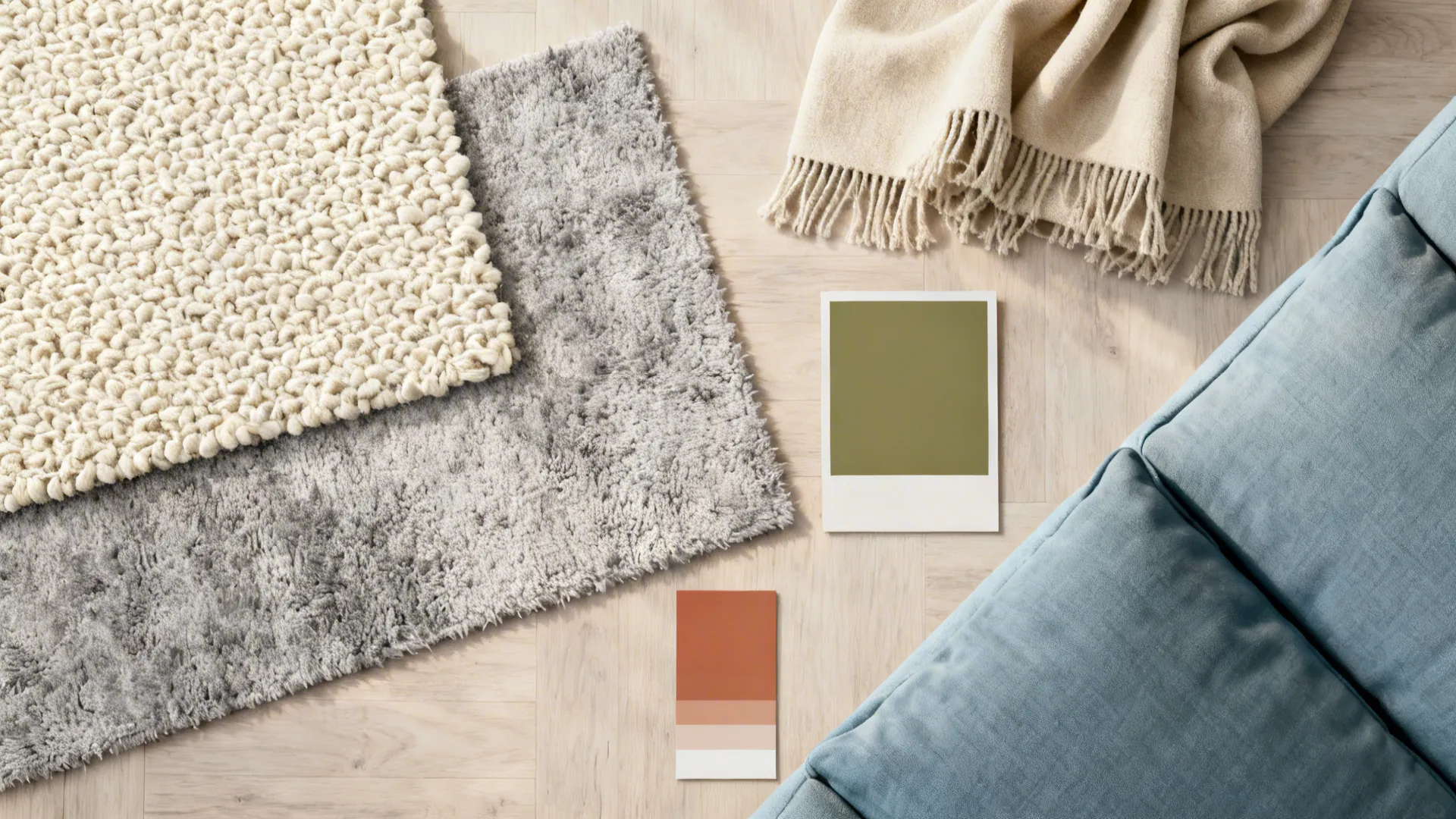 Flatlay of cream, beige and gray textile samples with olive and terracotta swatches