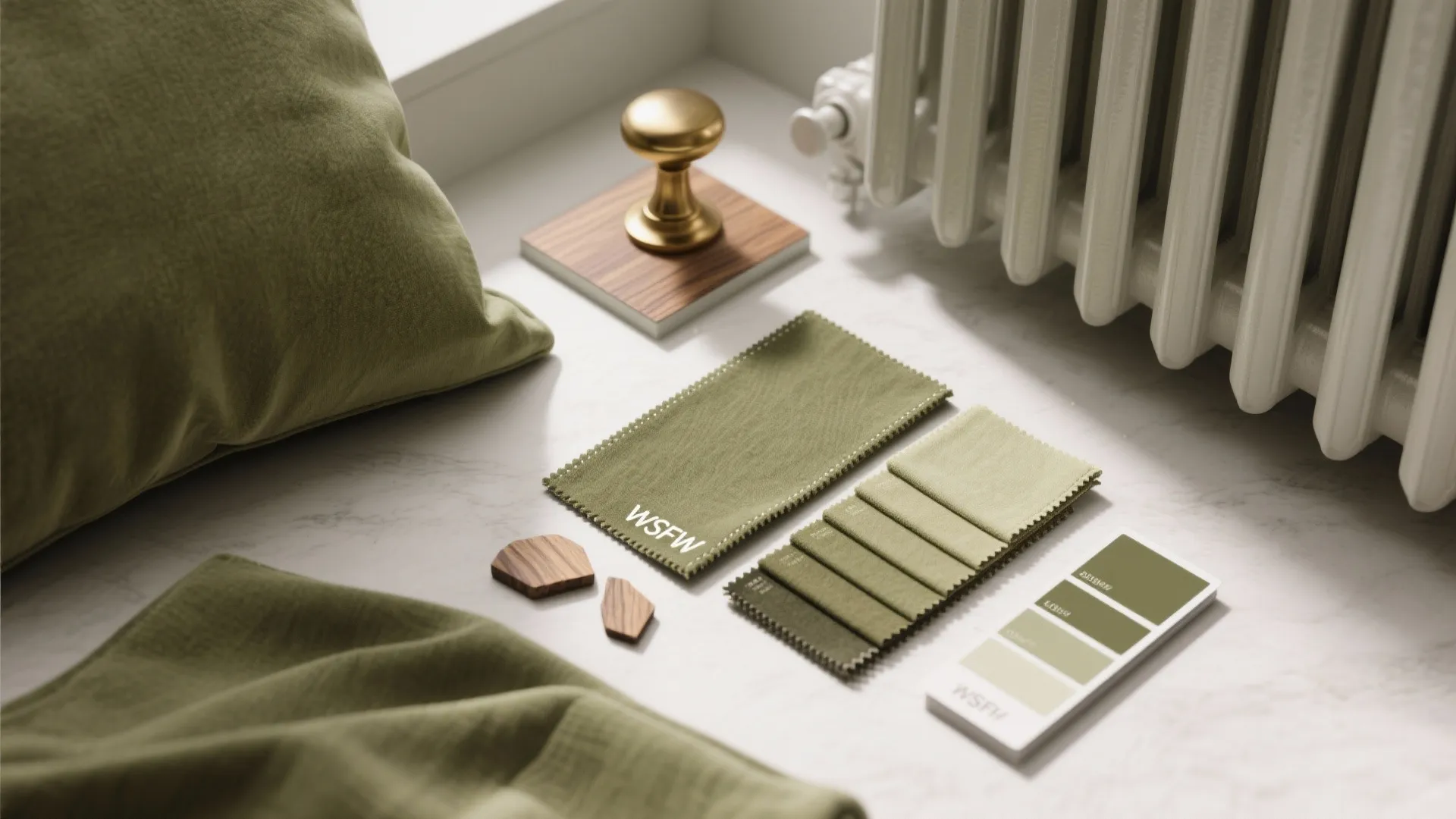 Flatlay of olive fabric swatches, cushion, curtain sample, wood veneer and brass knob showing accent piece options.