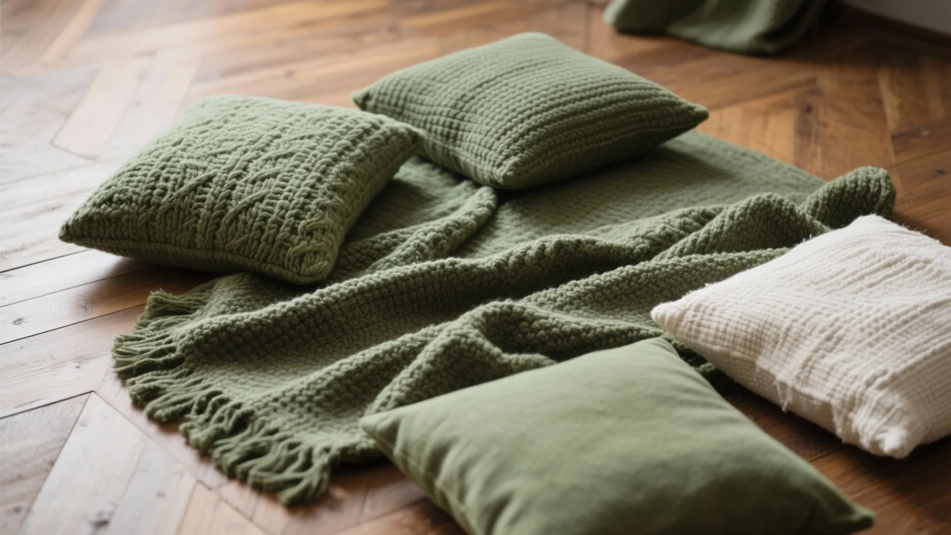 Green pillows and soft woven blanket lying on dark wood floor in a cozy room setting
