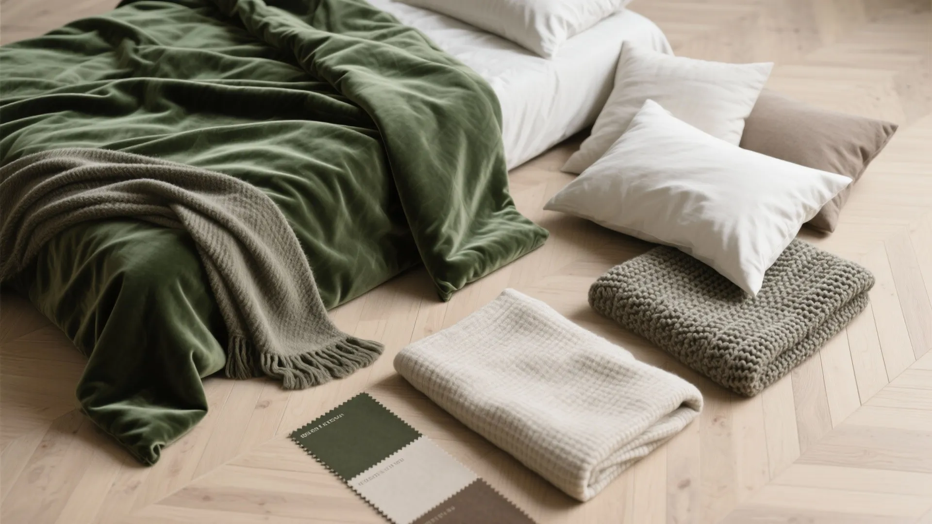 2. Olive textiles and layered bedding