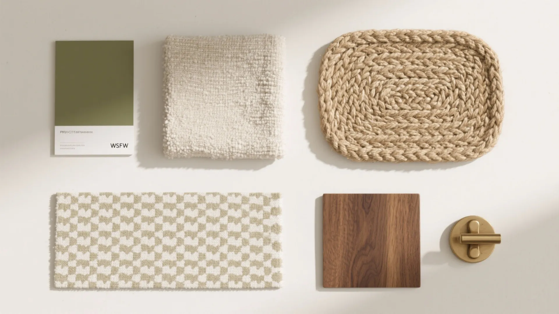 Mood board showing green color card woven rug fabric sample wood material and gold door handle