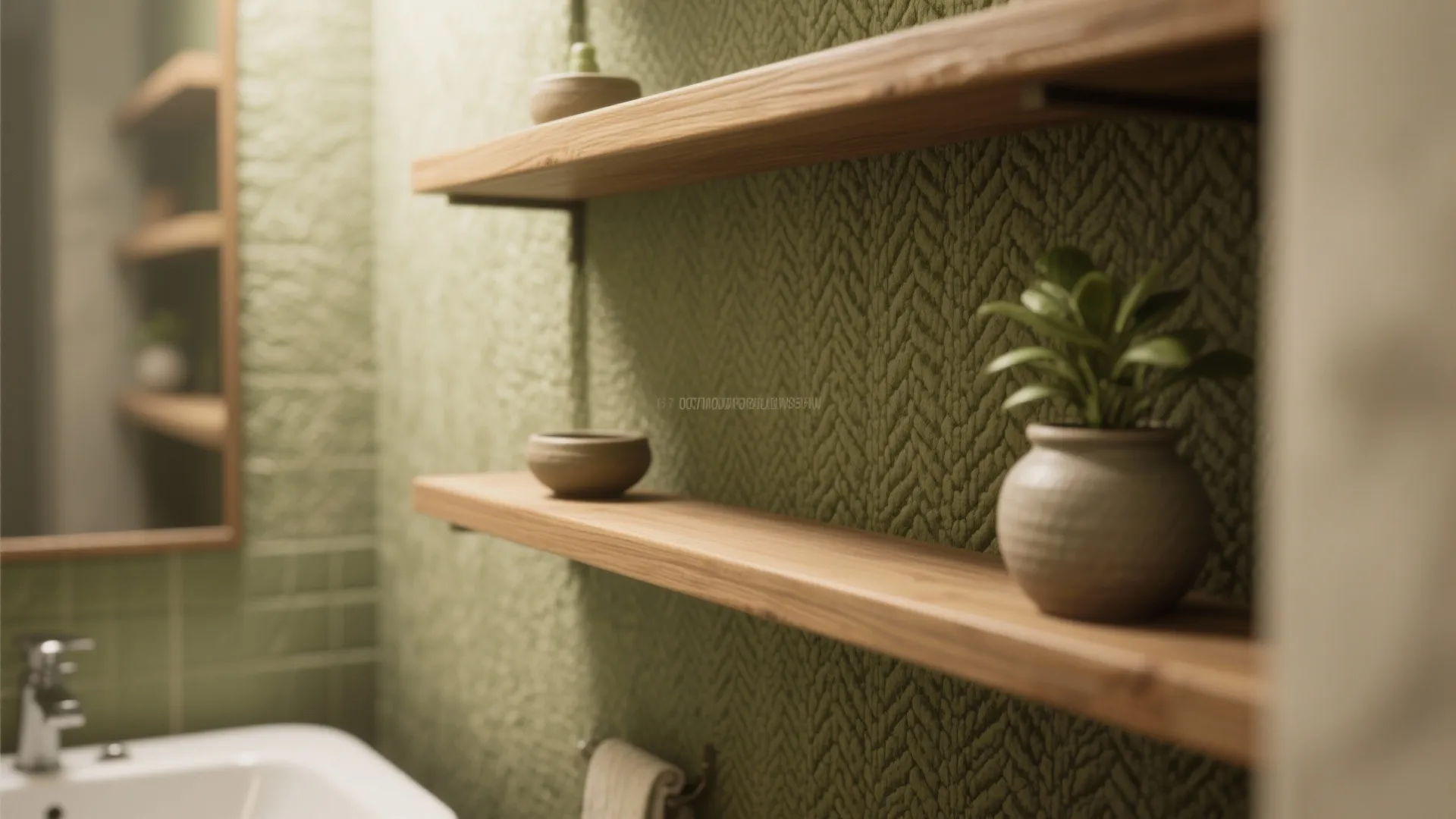 Bathroom interior with green textured wall wooden floating shelves a small plant and white sink