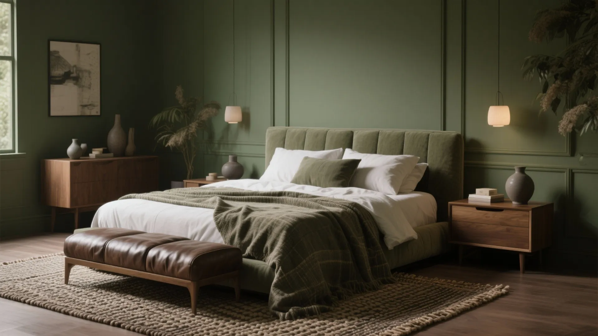Dark green bedroom with wooden nightstands leather footrest patterned rug and hanging white ceiling lights