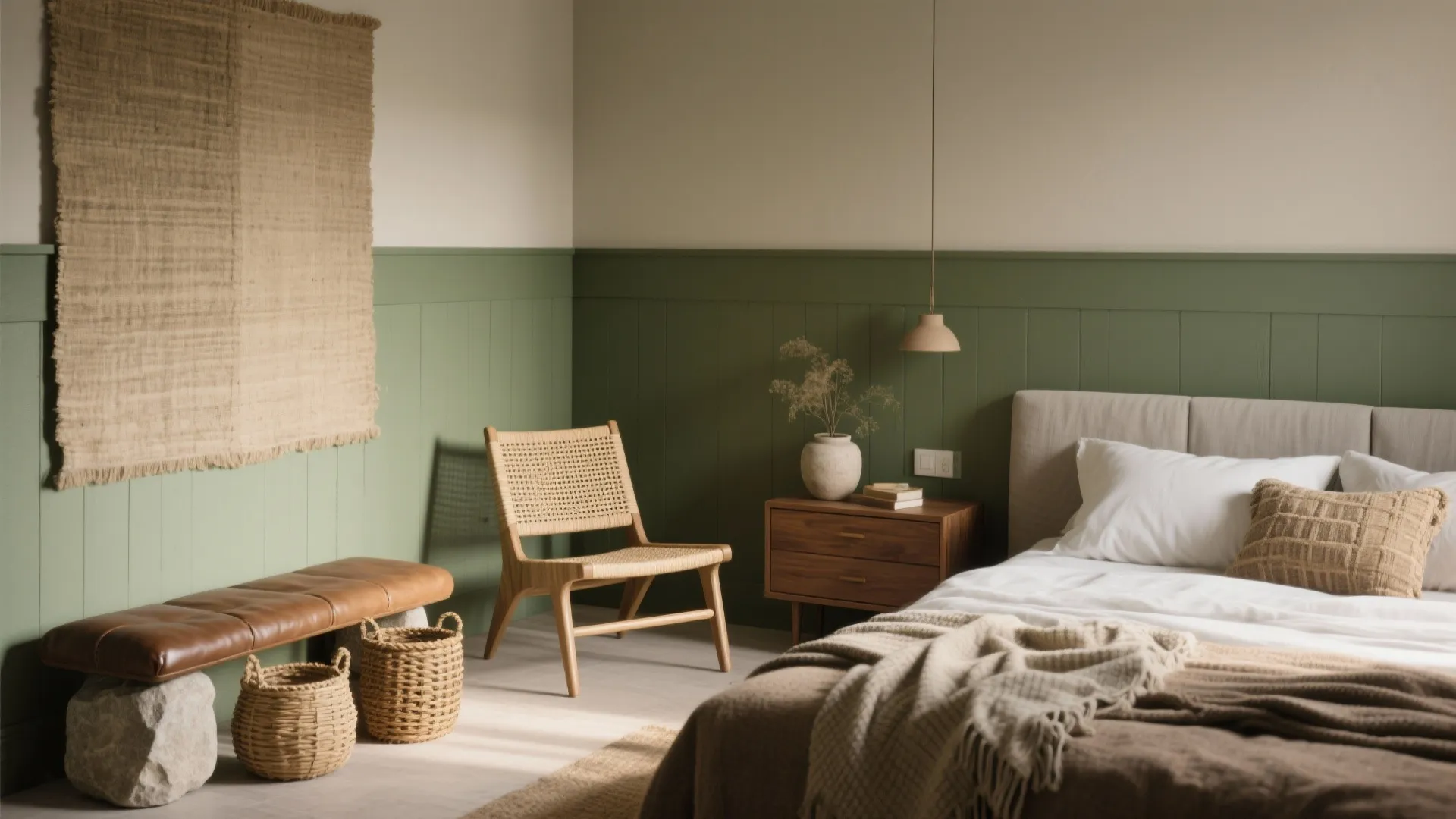 3. Olive Accent Wall with Natural Textures