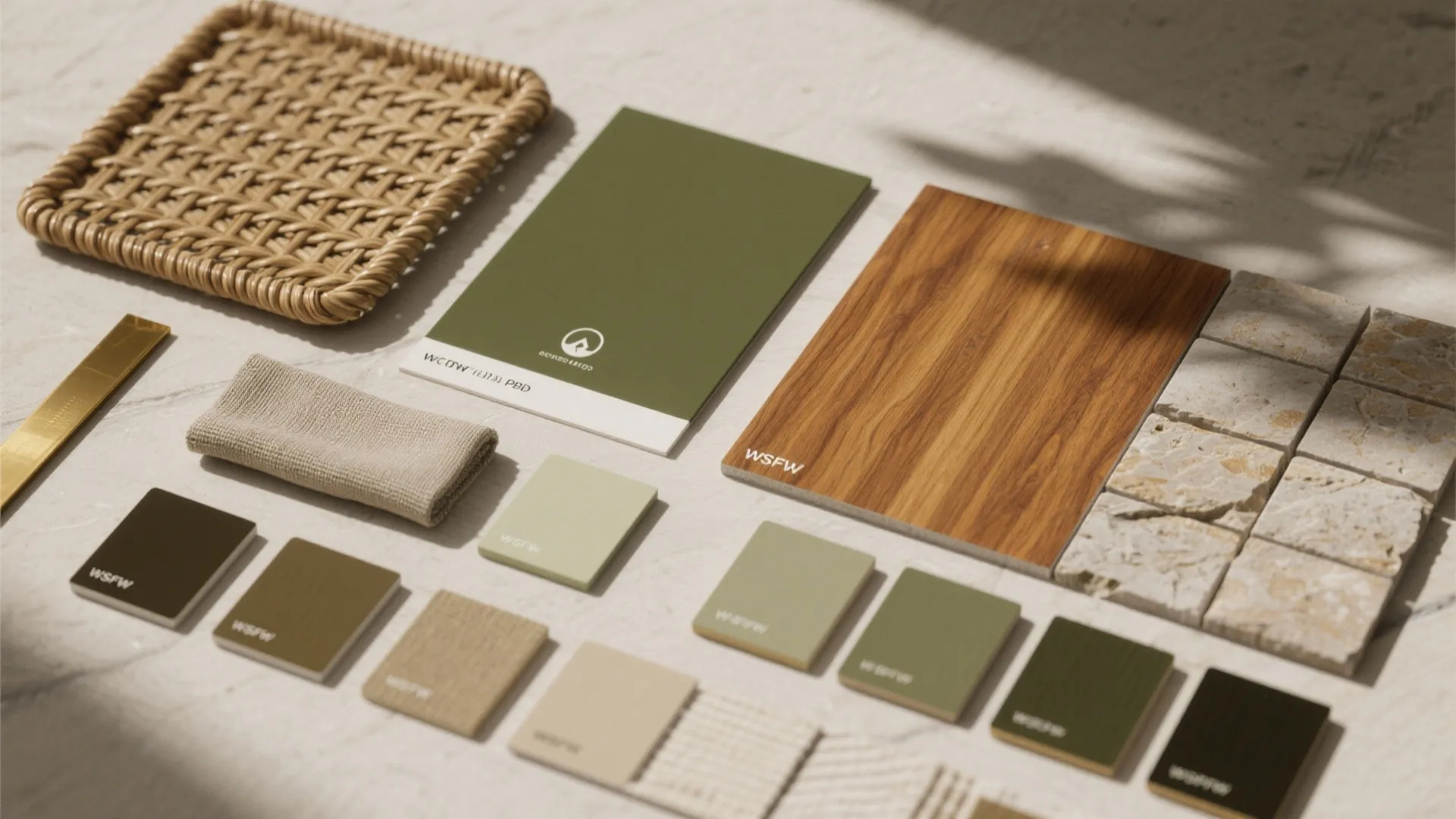 Interior design material board featuring green color samples wood panel stone tiles and woven basket