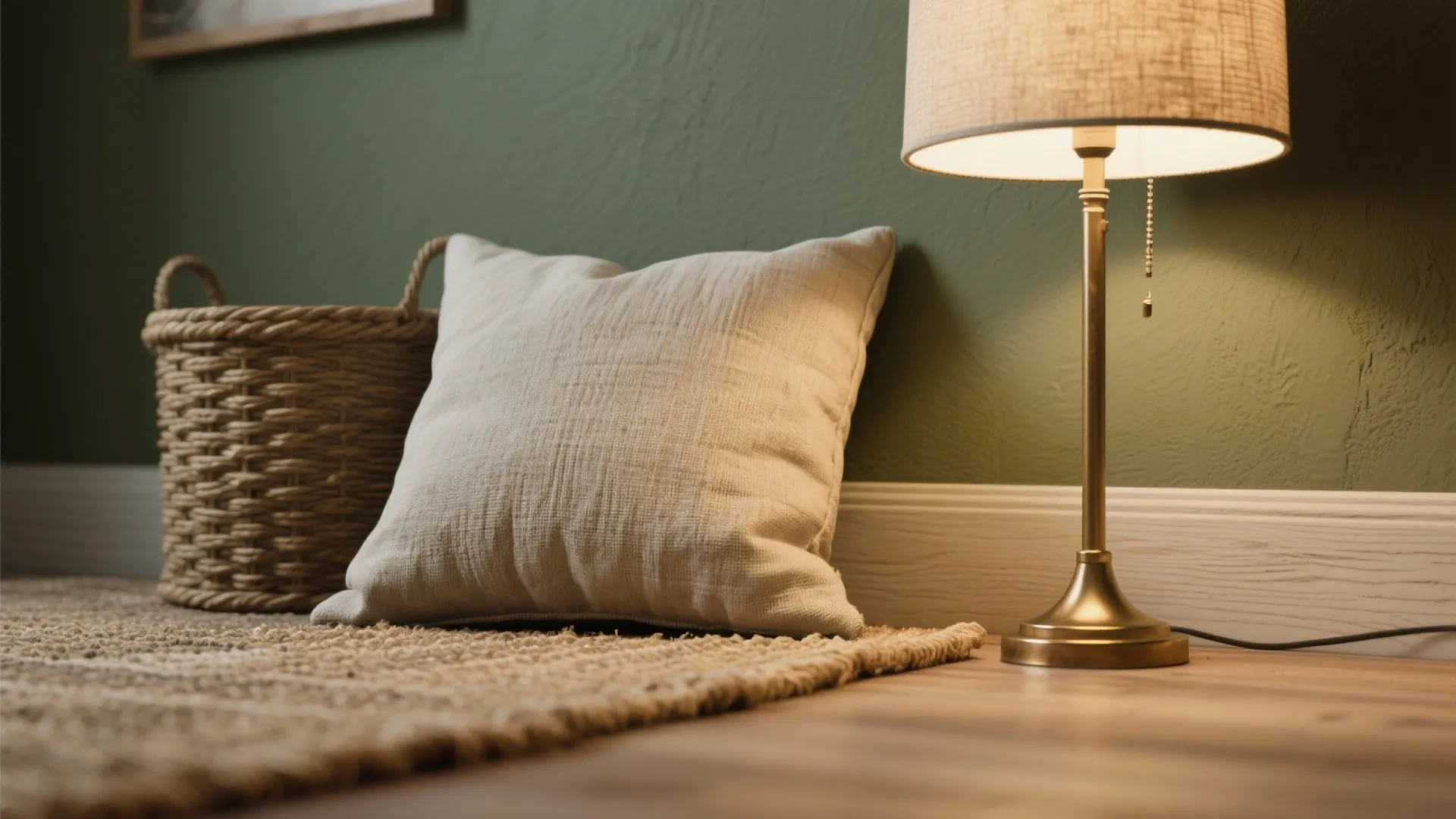 Cozy room corner with a beige pillow woven basket floor lamp and green wall paneling