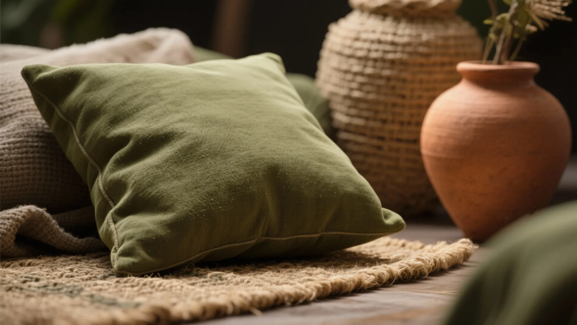 Olive green pillow resting on a woven mat with clay pots and natural light background