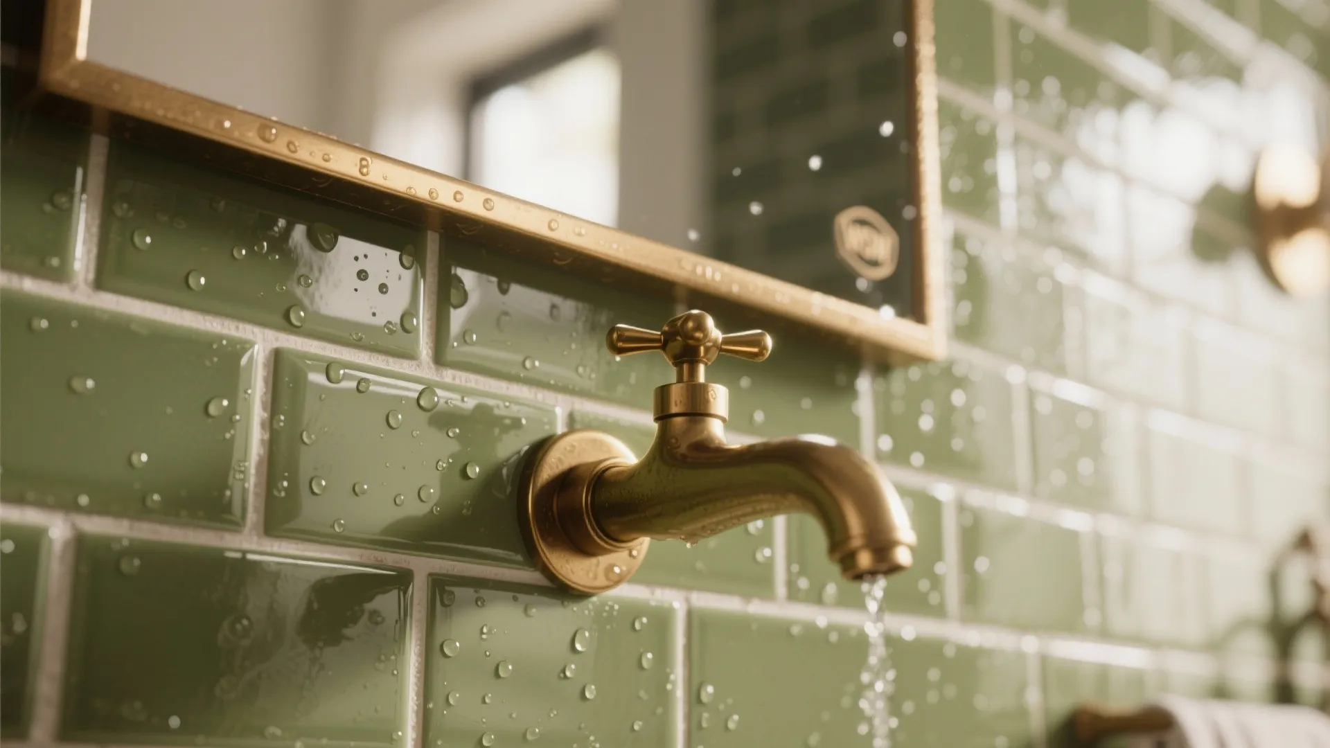 2. Olive Tiles Paired with Brass Fixtures
