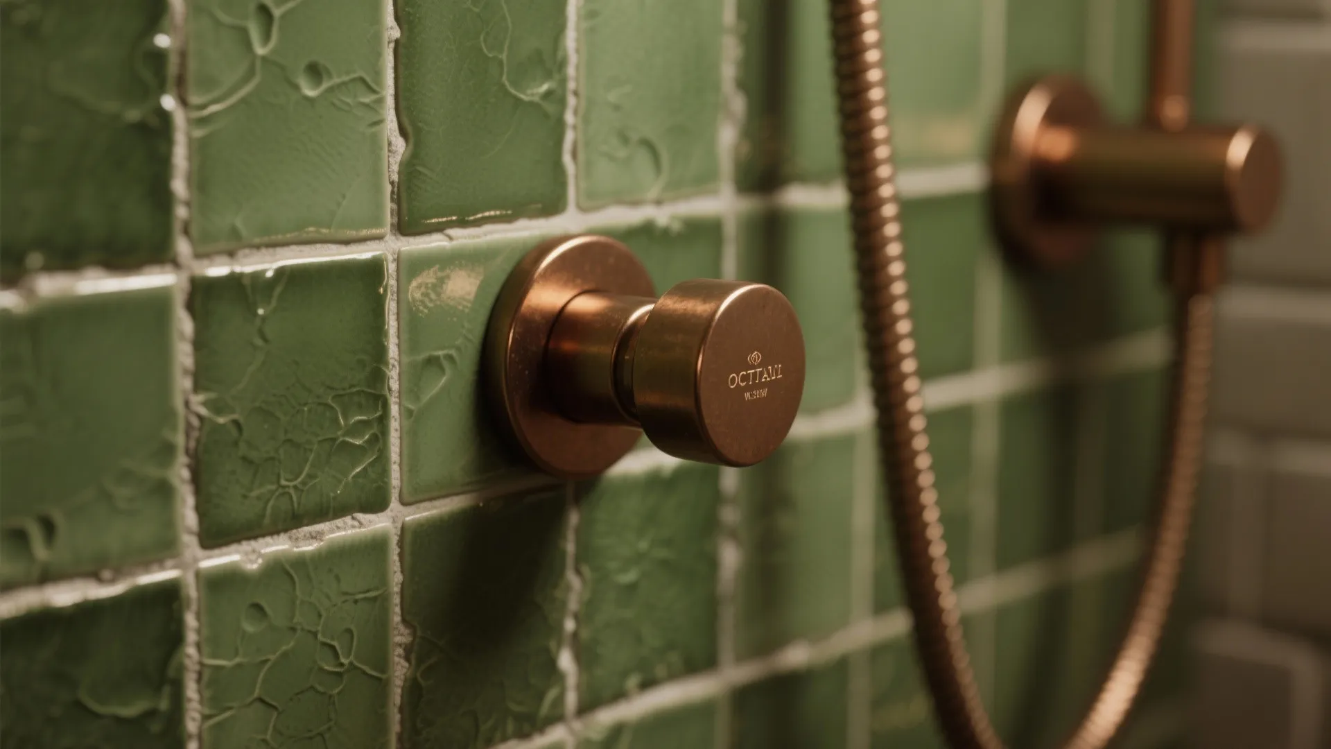 2. Olive Tiles and Matte Bronze Fixtures