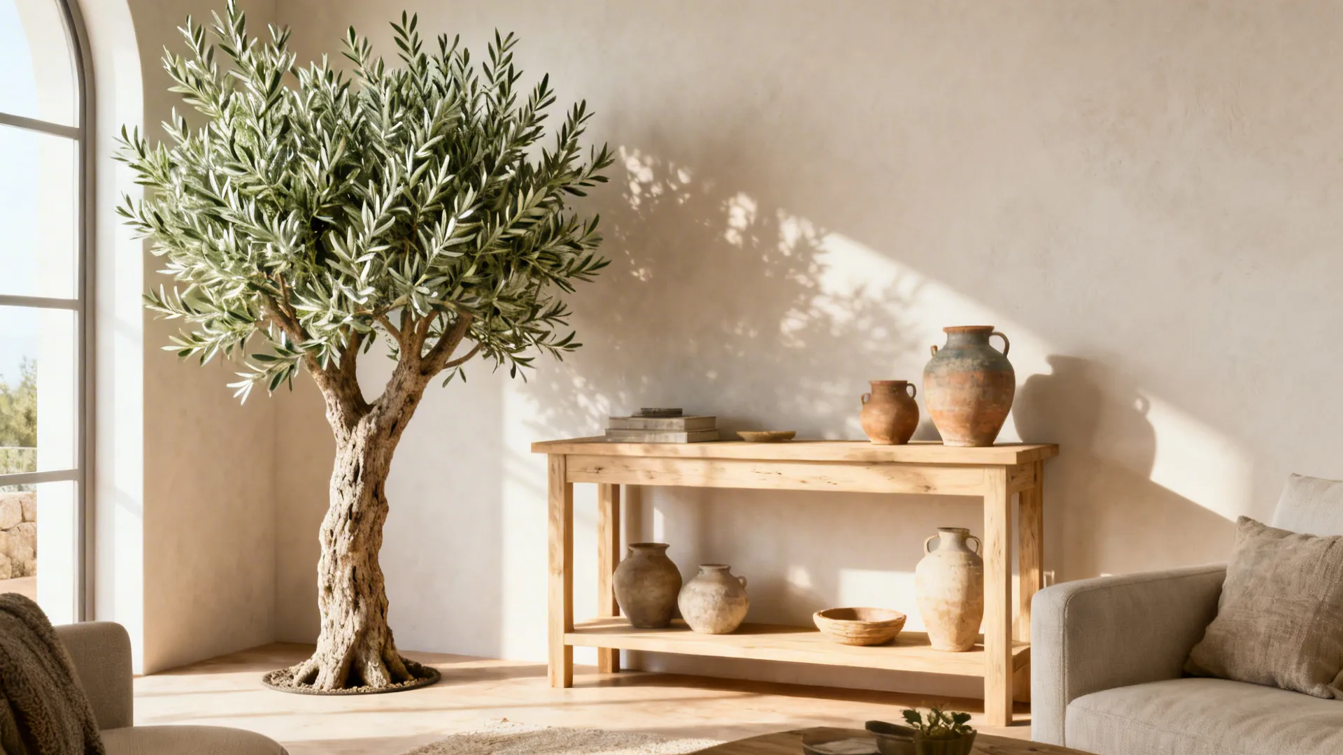 Faux olive tree with airy foliage beside a console table in a sunlit living room