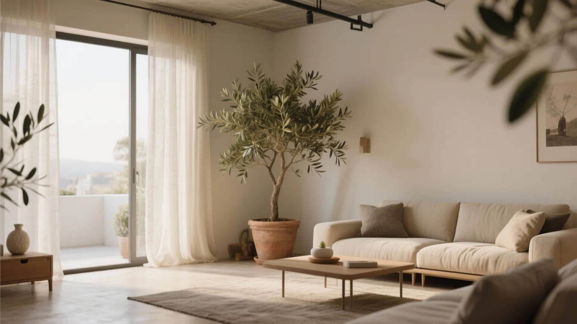 Indoor olive tree in the corner of a minimalist loft living room