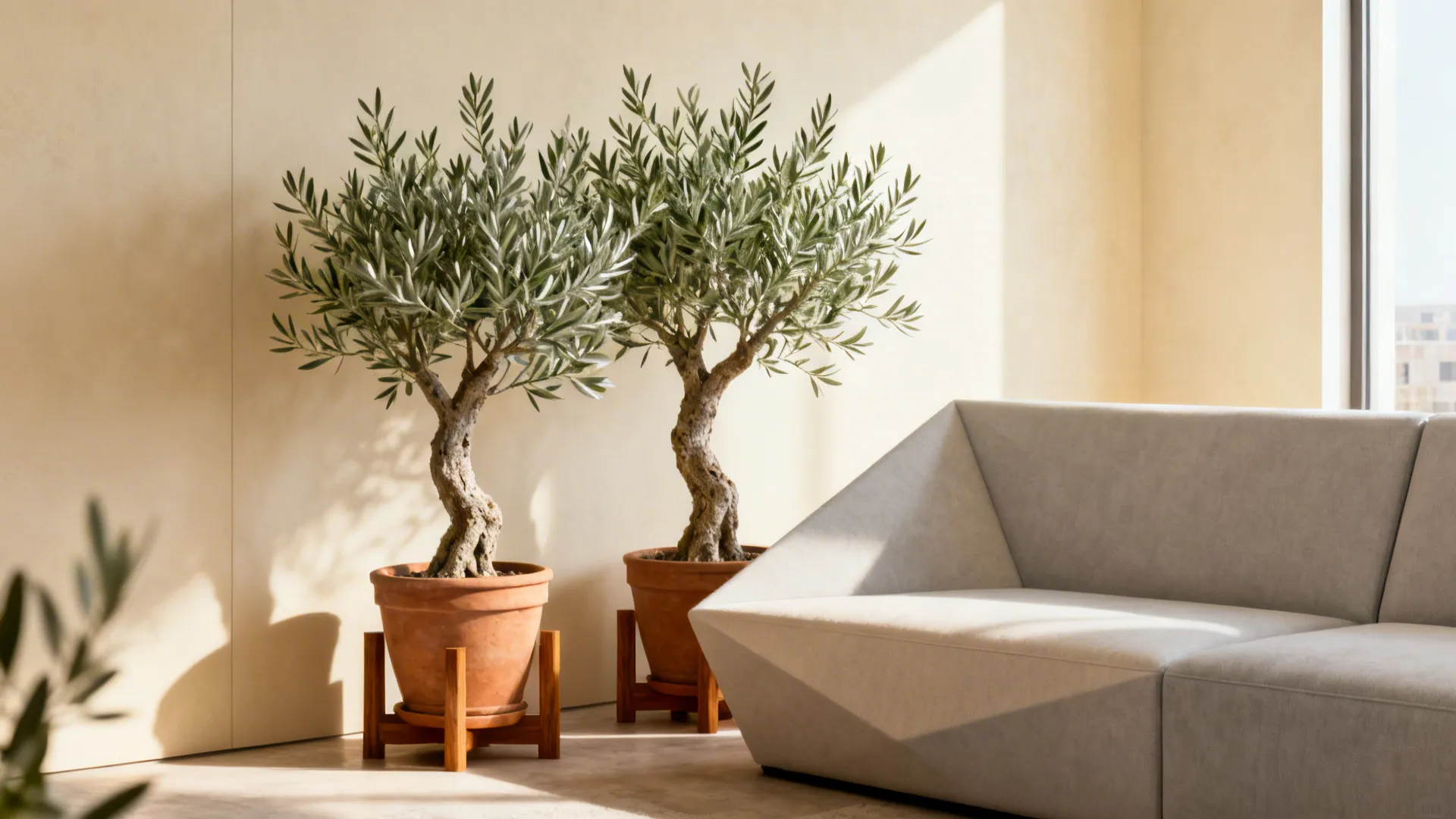 Apartment corner with two artificial olive trees in pots softening a modern sofa