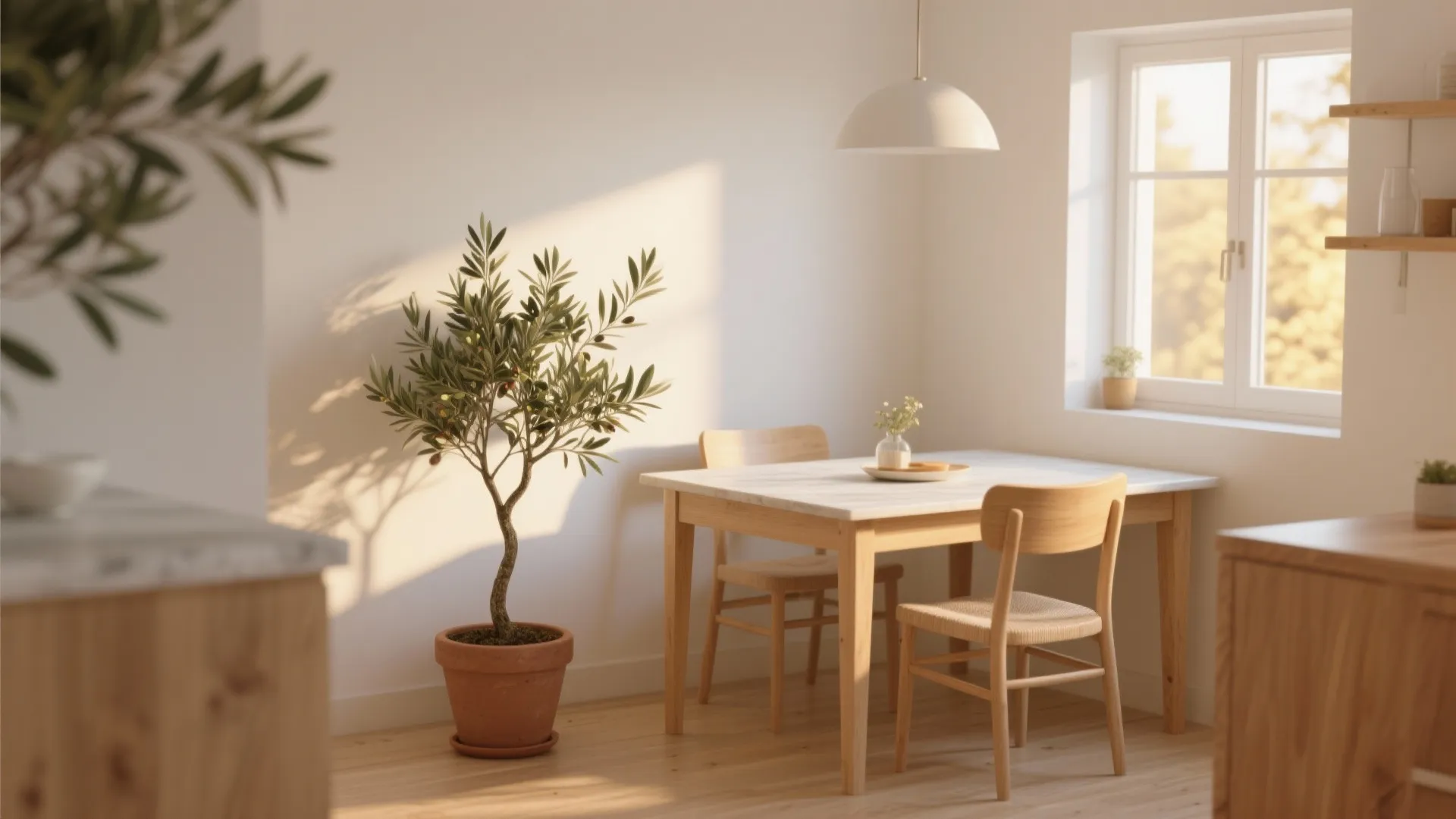 Mini olive tree beside a dining table in warm golden light