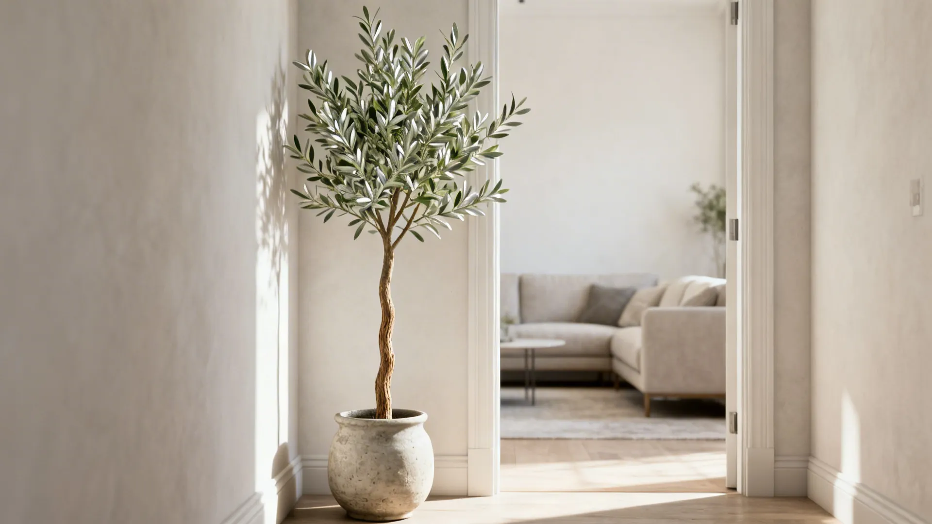 Faux olive tree with slender trunk and silvery leaves in a textured planter at an entryway