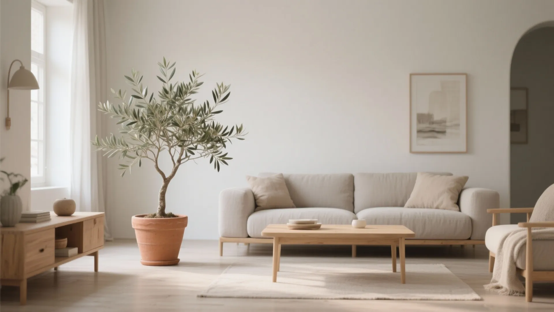A small olive tree in a terracotta pot brings warmth to a Scandinavian living room.