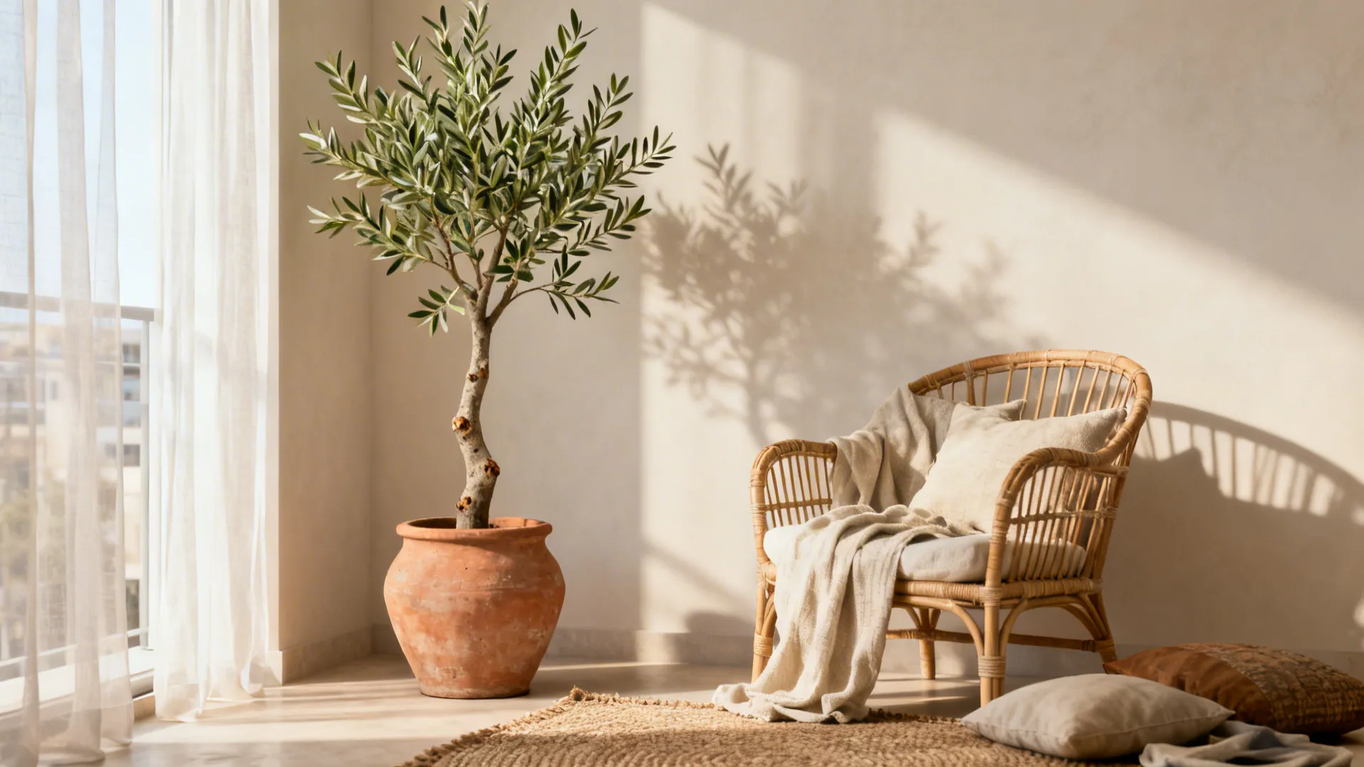 Modern living corner with an artificial olive tree, rattan chair and linen textiles