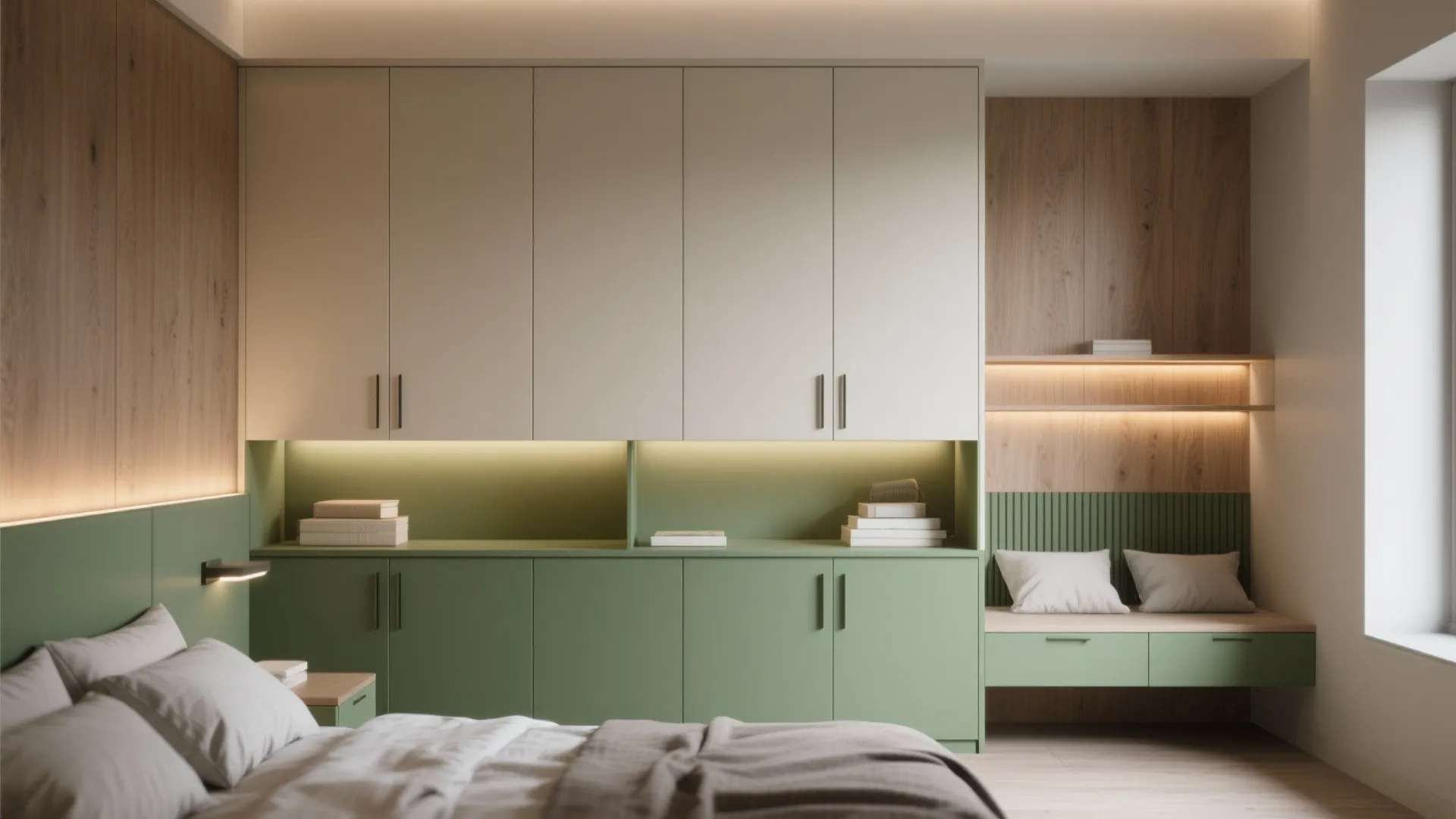 Two-tone bedroom cabinetry with olive lower cabinets and light upper finishes creating a grounded look.