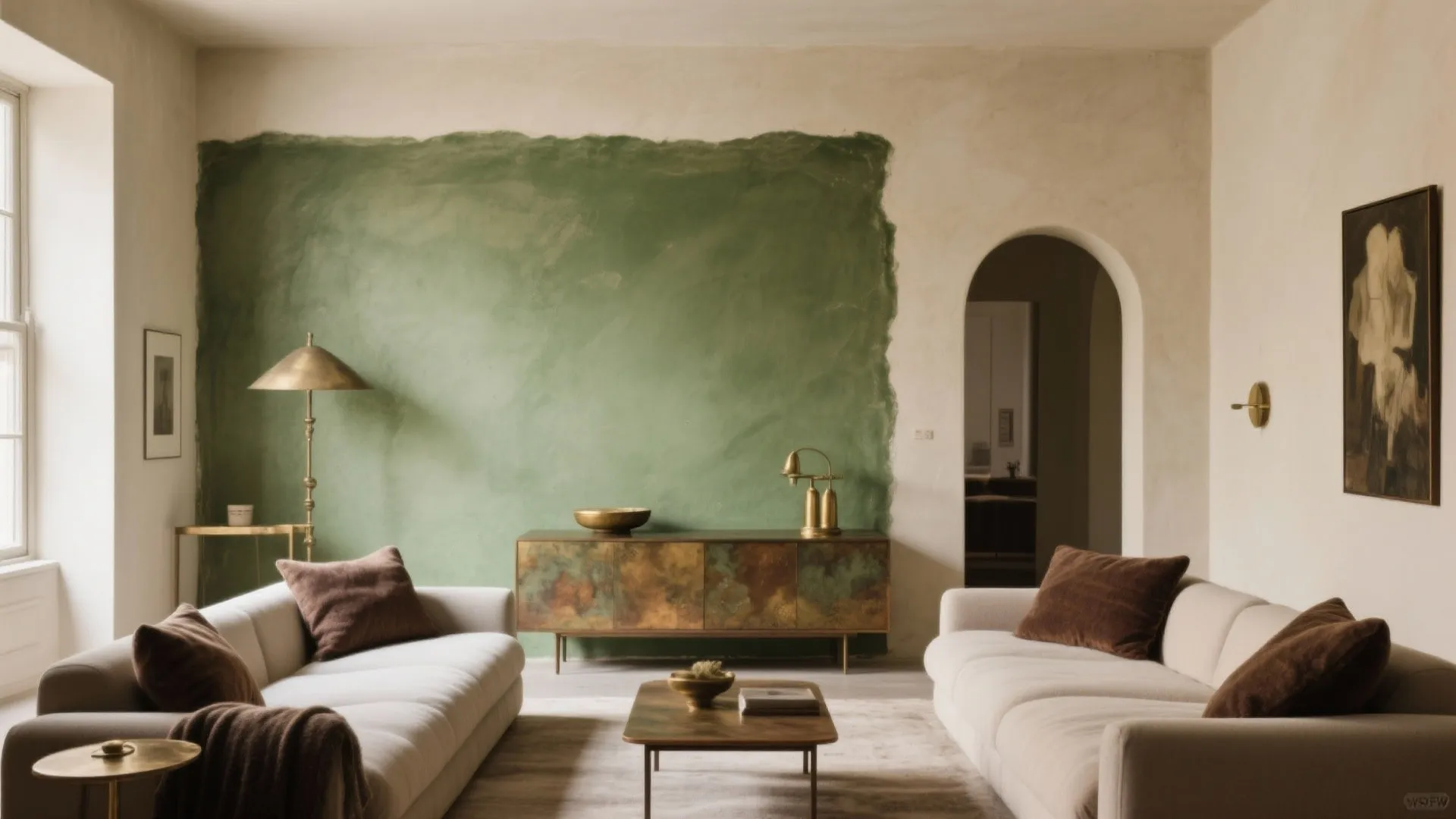 Living room with olive green textured wall cream sofas gold light fixture and wooden coffee table