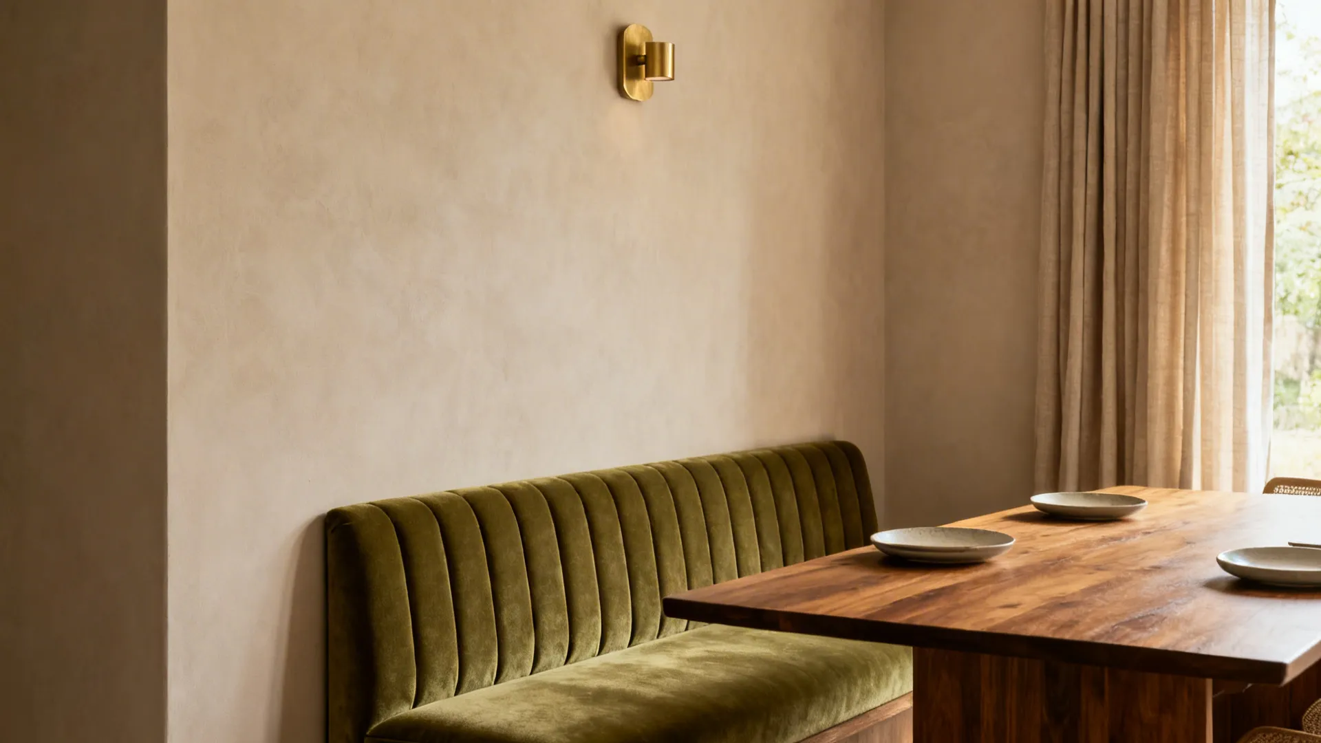 Olive channel-tufted upholstered bench at a wood dining table in soft daylight.