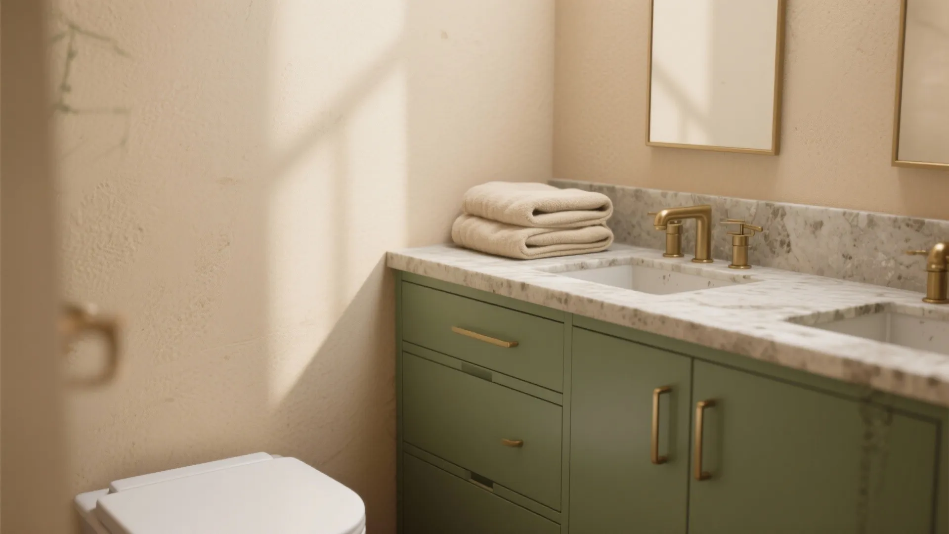 1. Warm Beige Walls + Olive Green Vanity