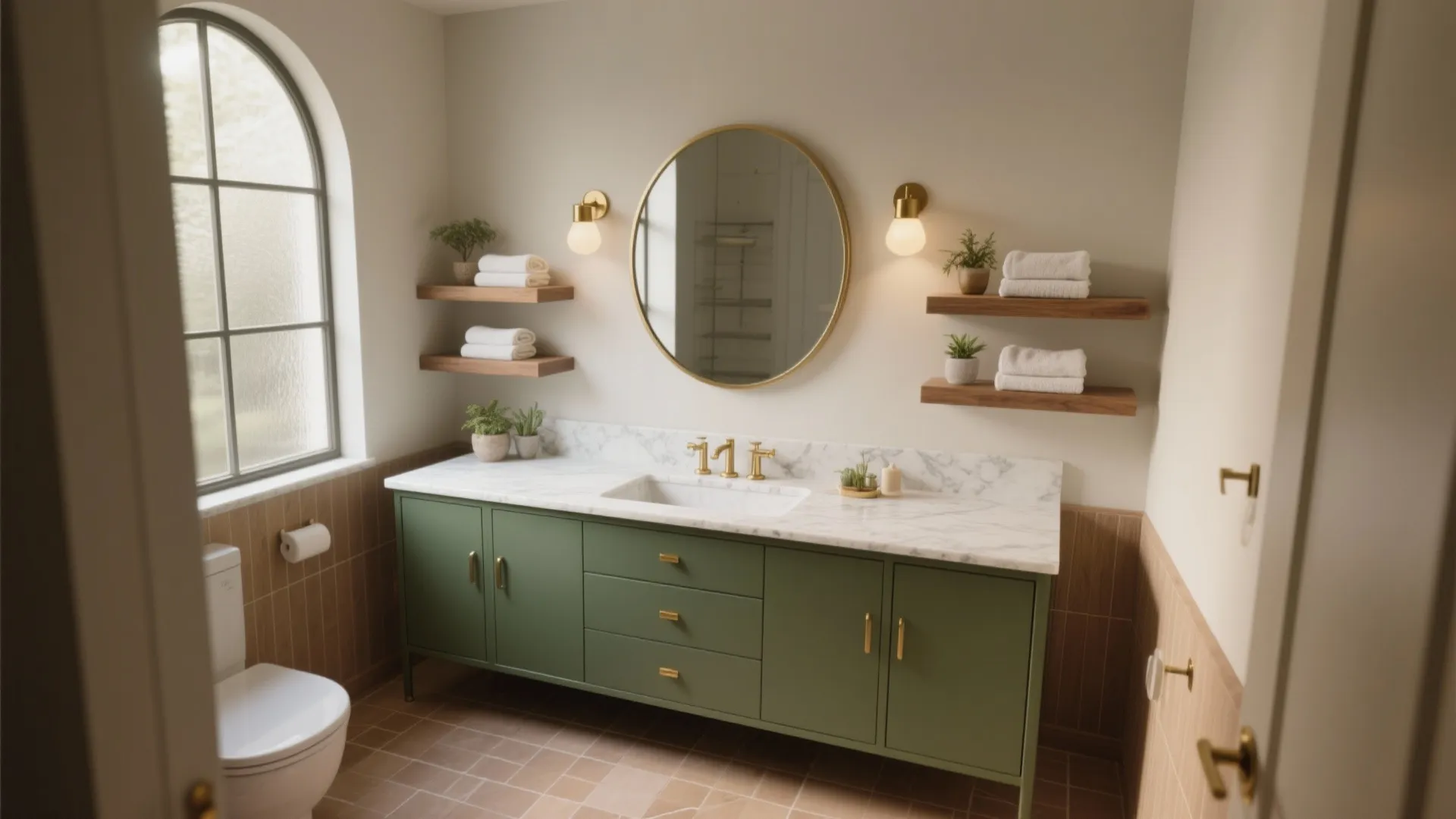 Modern bathroom with olive green cabinet white marble countertop round mirror and two wall lights