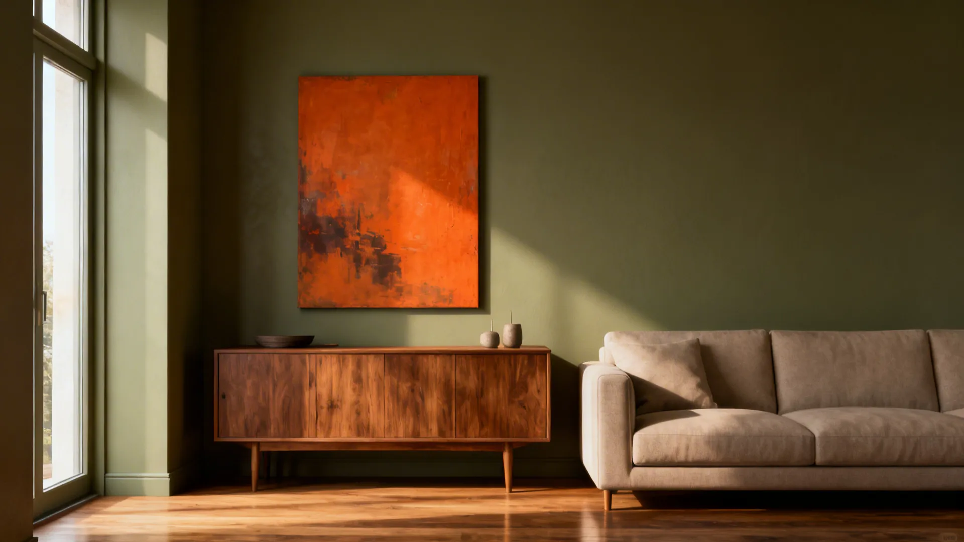 Modern living room with olive green wall orange painting wooden cabinet beige sofa and natural light