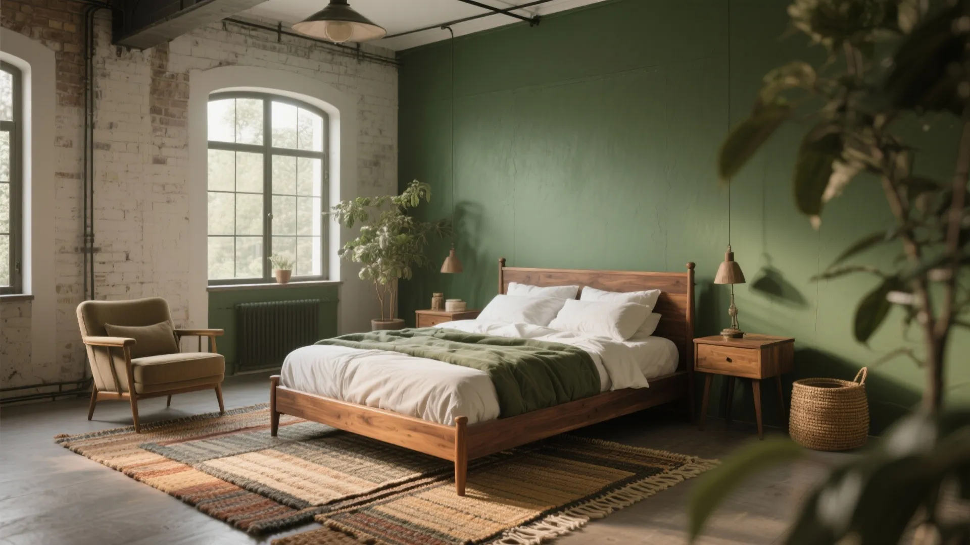 Olive green loft bedroom with walnut wood furniture