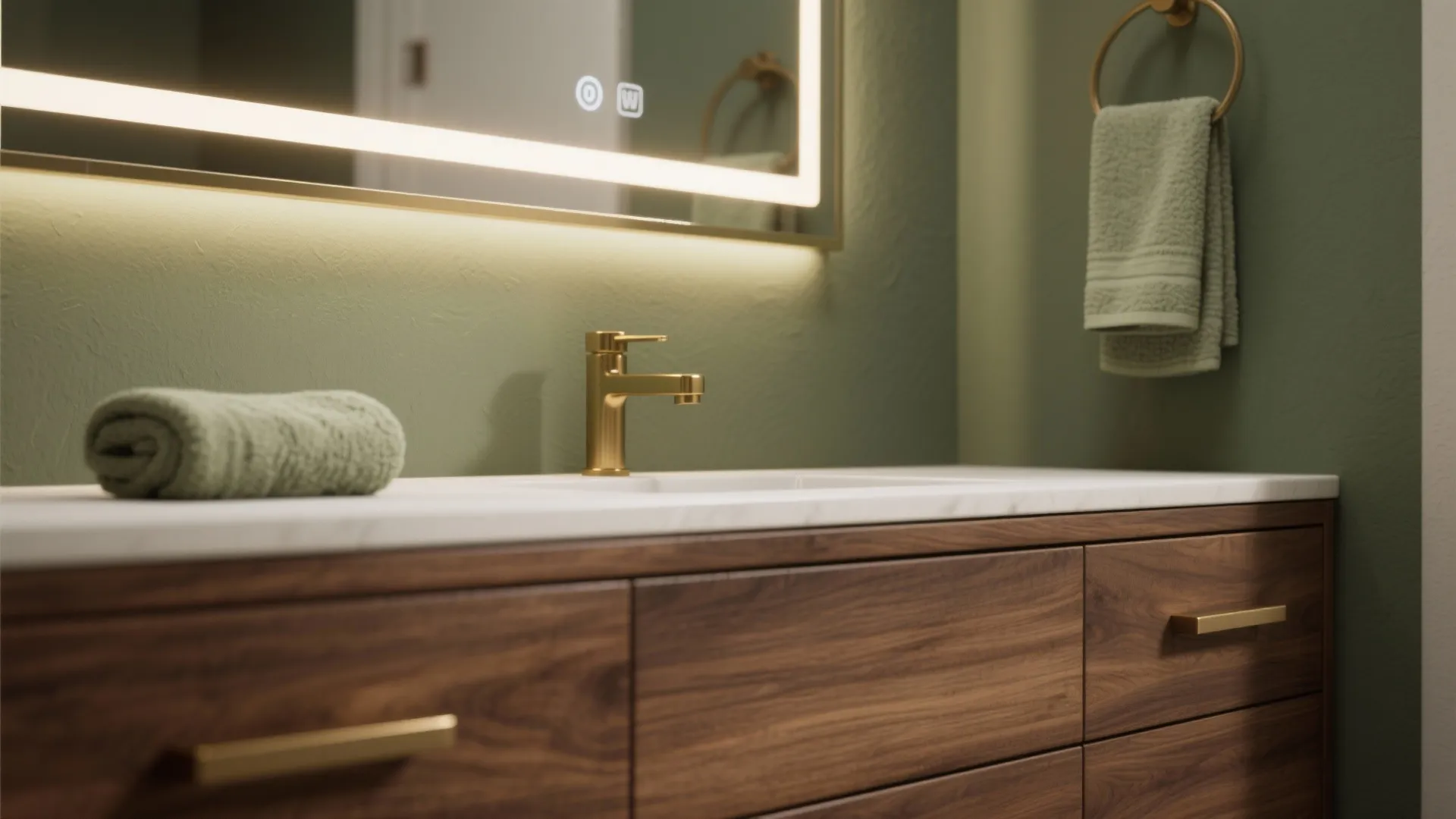 1. Olive walls + walnut vanity