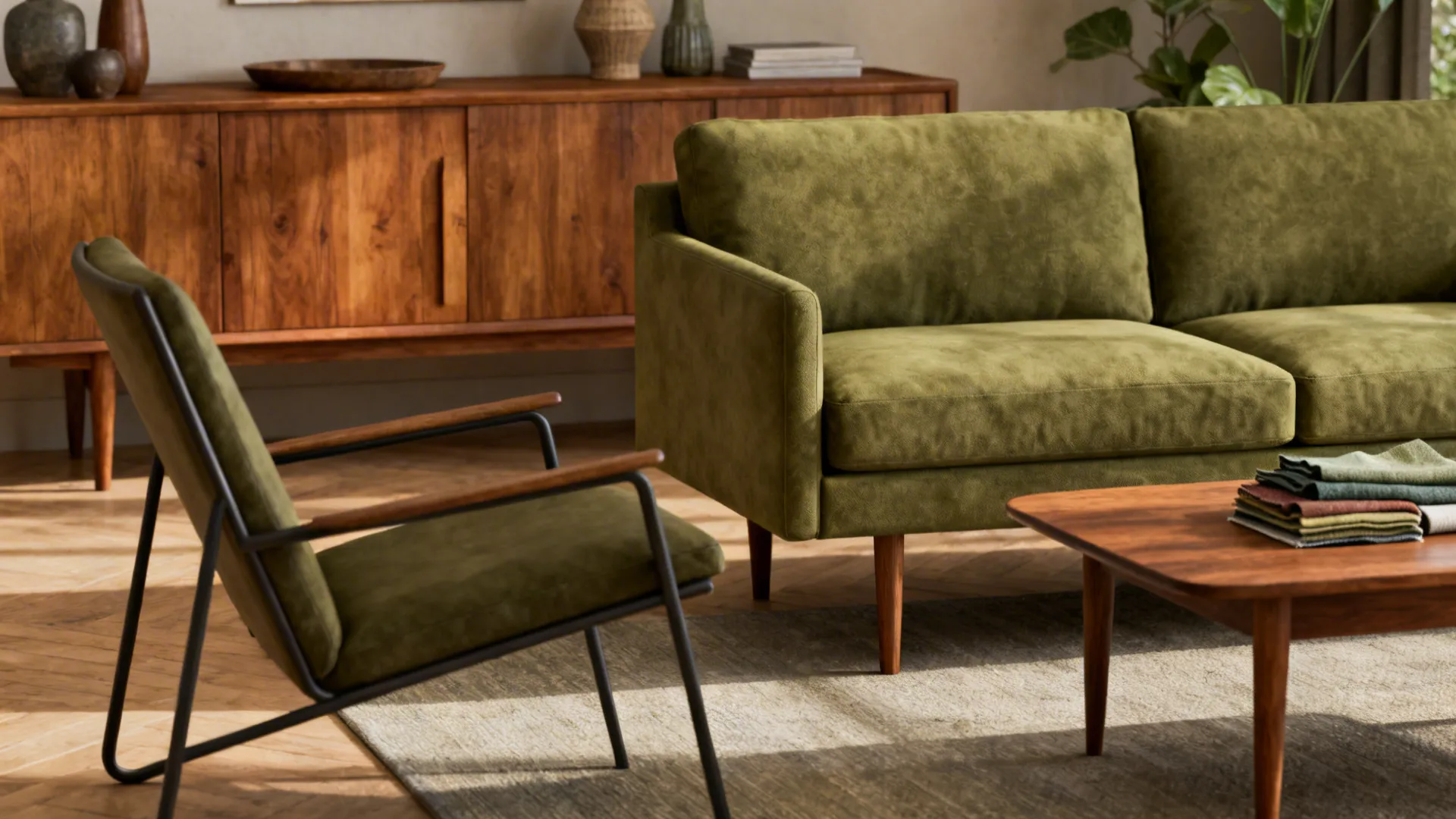 Olive green sofa paired with walnut furniture and sample fabric swatches on a side table.