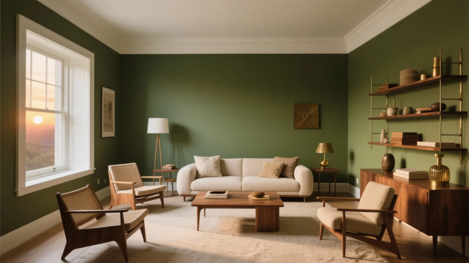 Modern living room with green walls cream sofa wooden chairs shelf unit and large windows