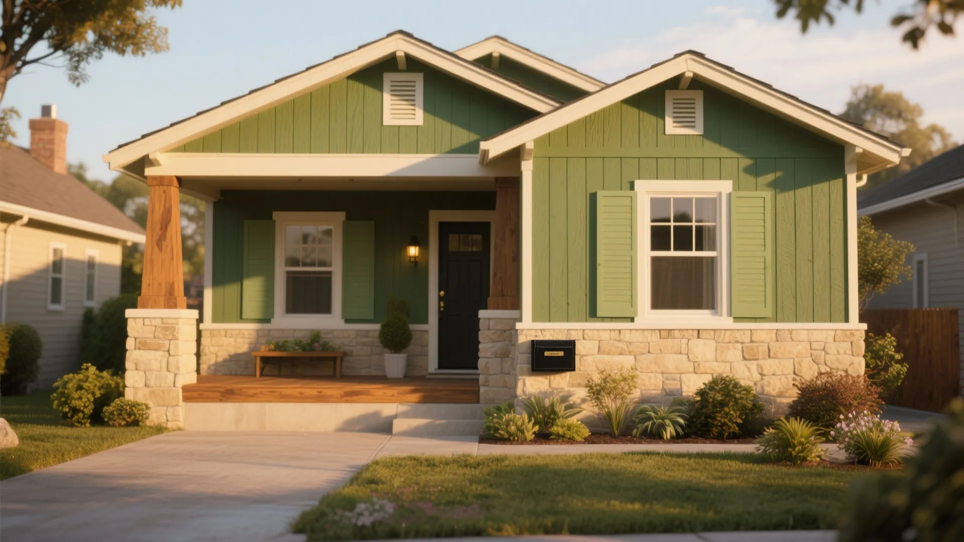 2. Pair Green with Warm Neutrals for Timeless Curb Appeal